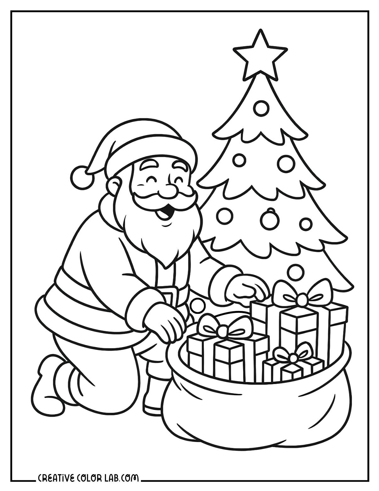 Santa placing gifts under the Christmas tree image to color.