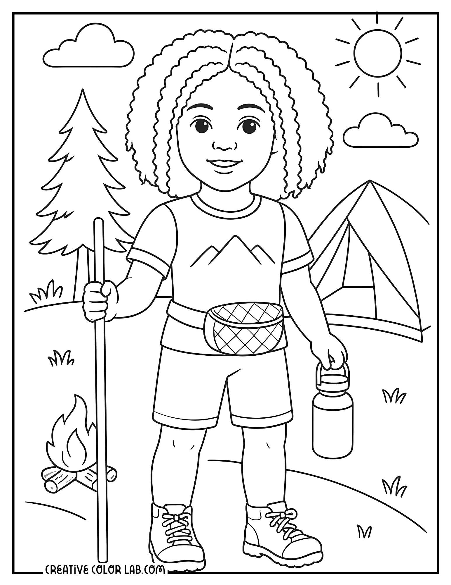 An American girl camping picture to color.