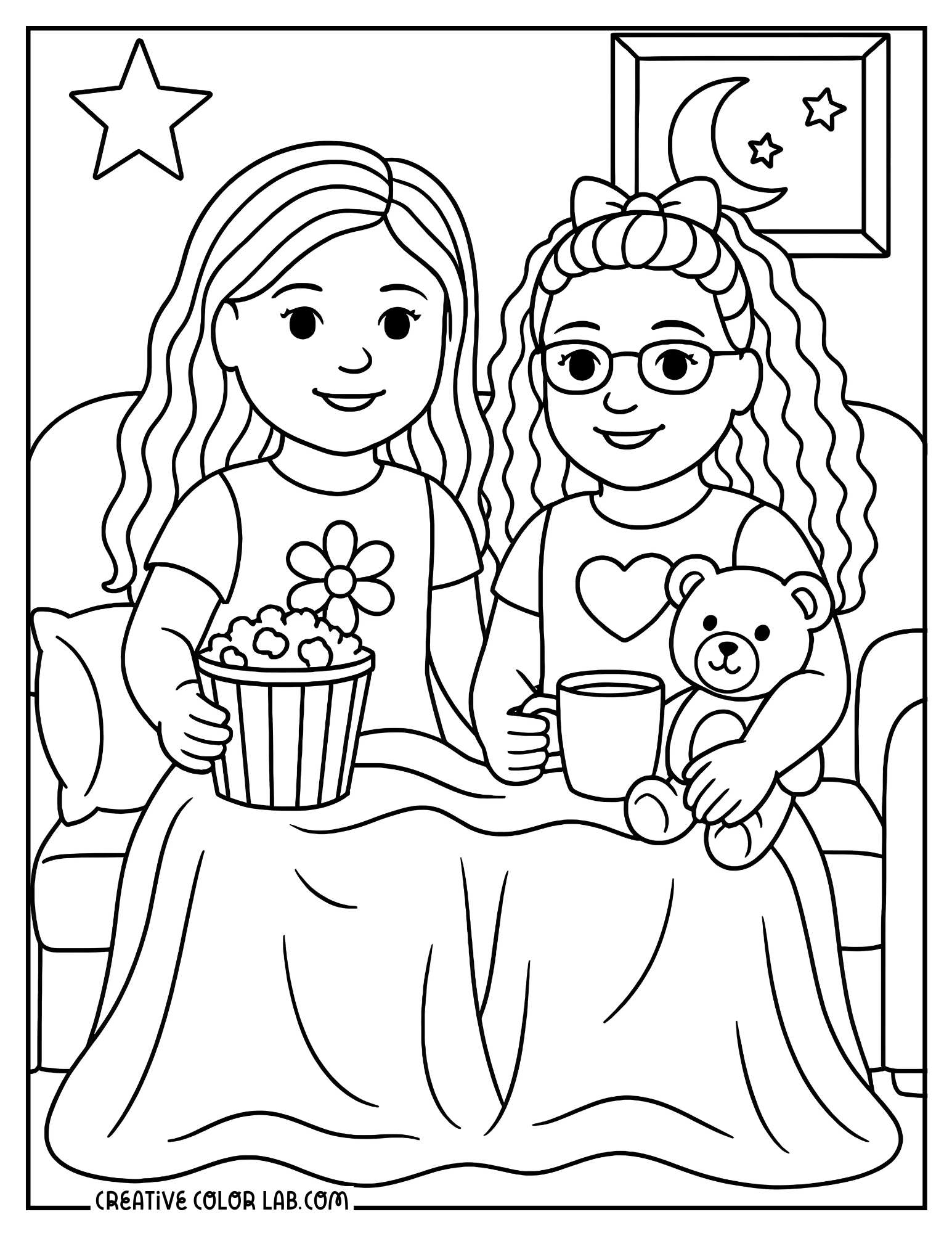 American girl doll having a sleepover coloring sheet.