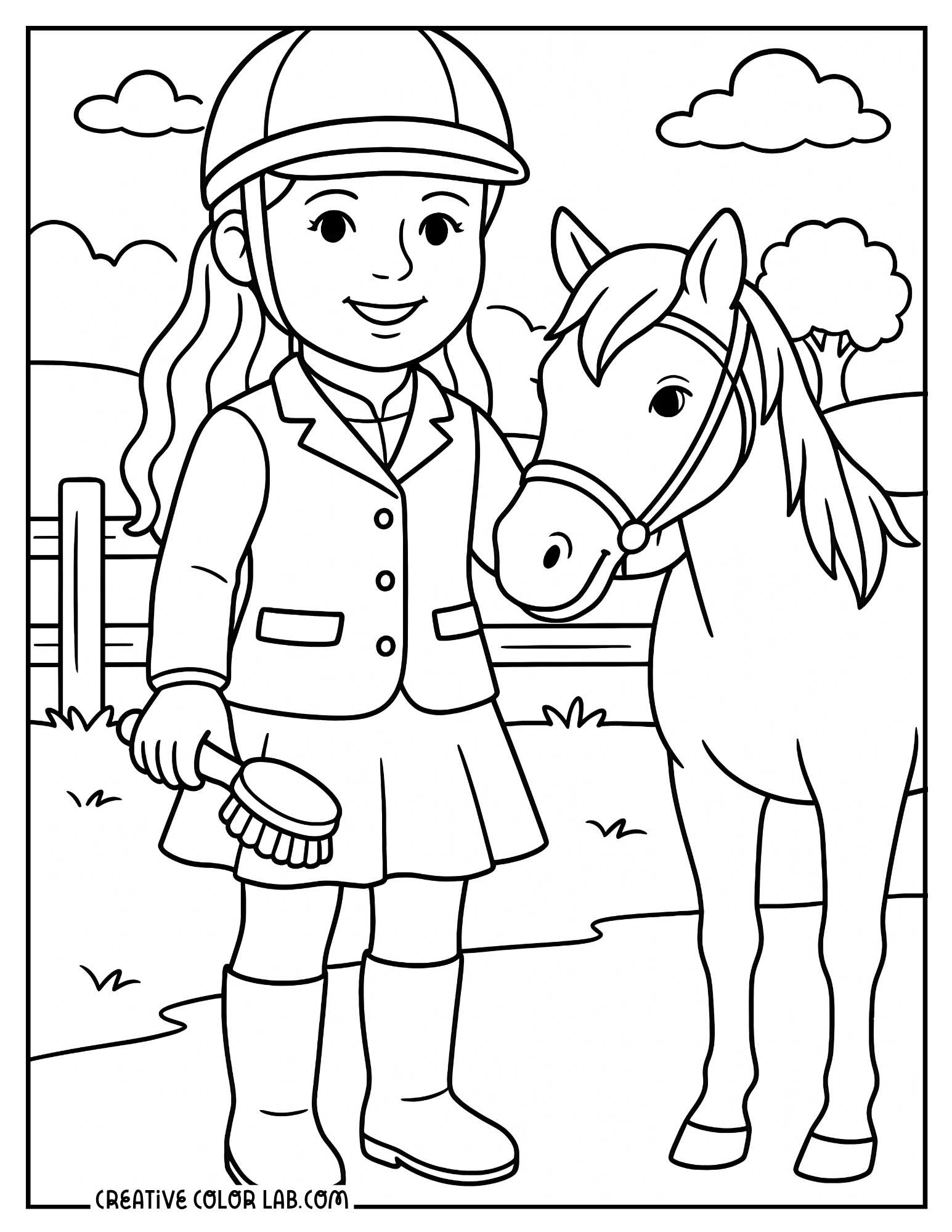 An American girl as an equestrian with a horse picture to color.