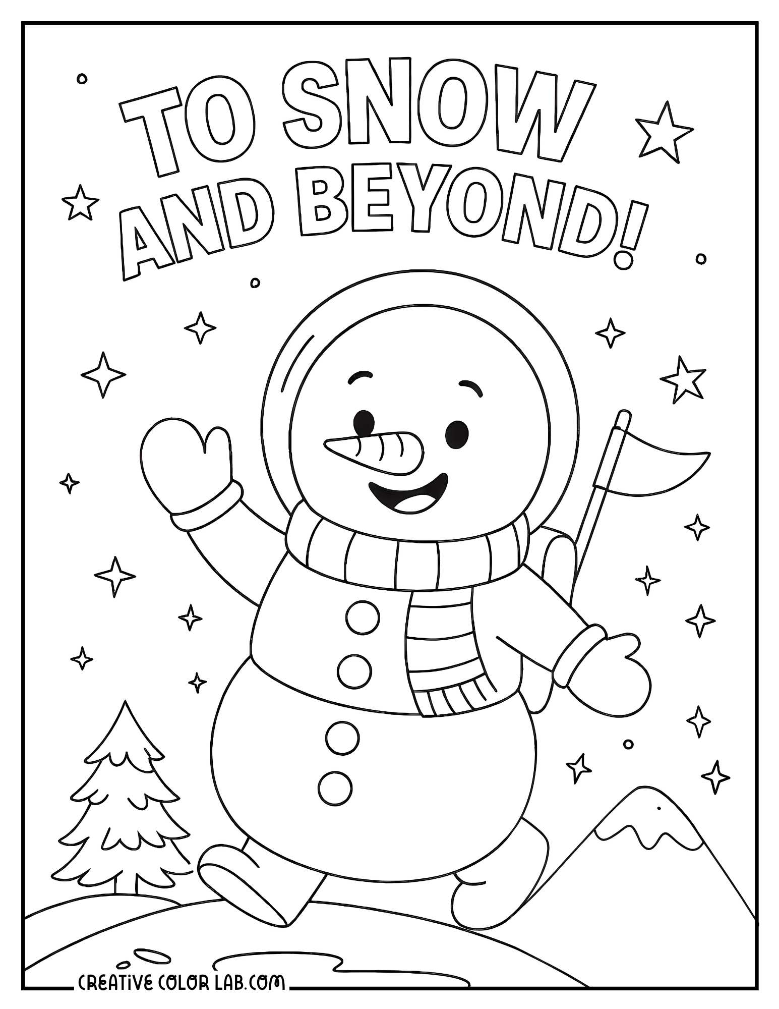 A Snowman astronaut with "To Snow and Beyond" pun coloring sheet.