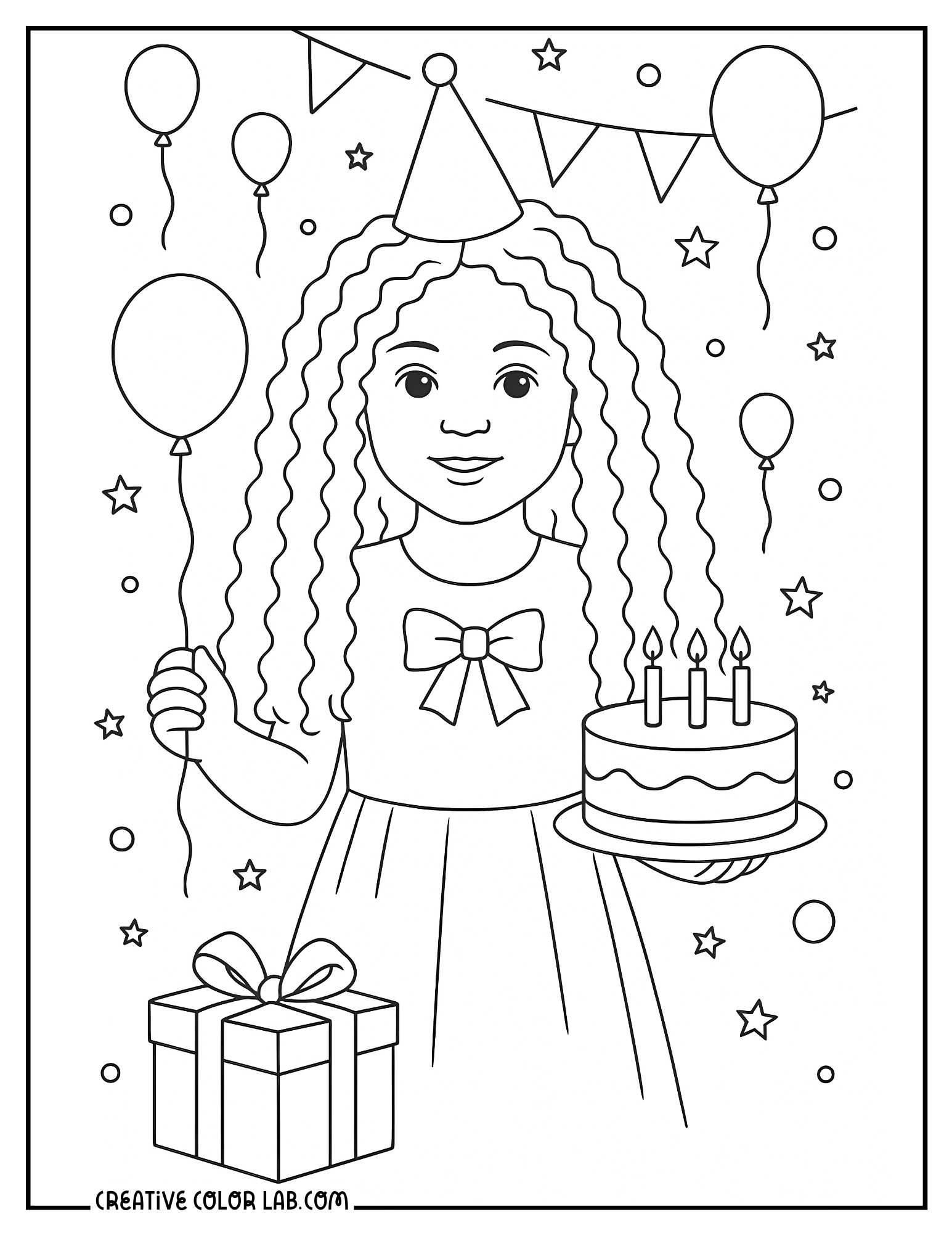 A birthday party doll holding a cake line art to color in.