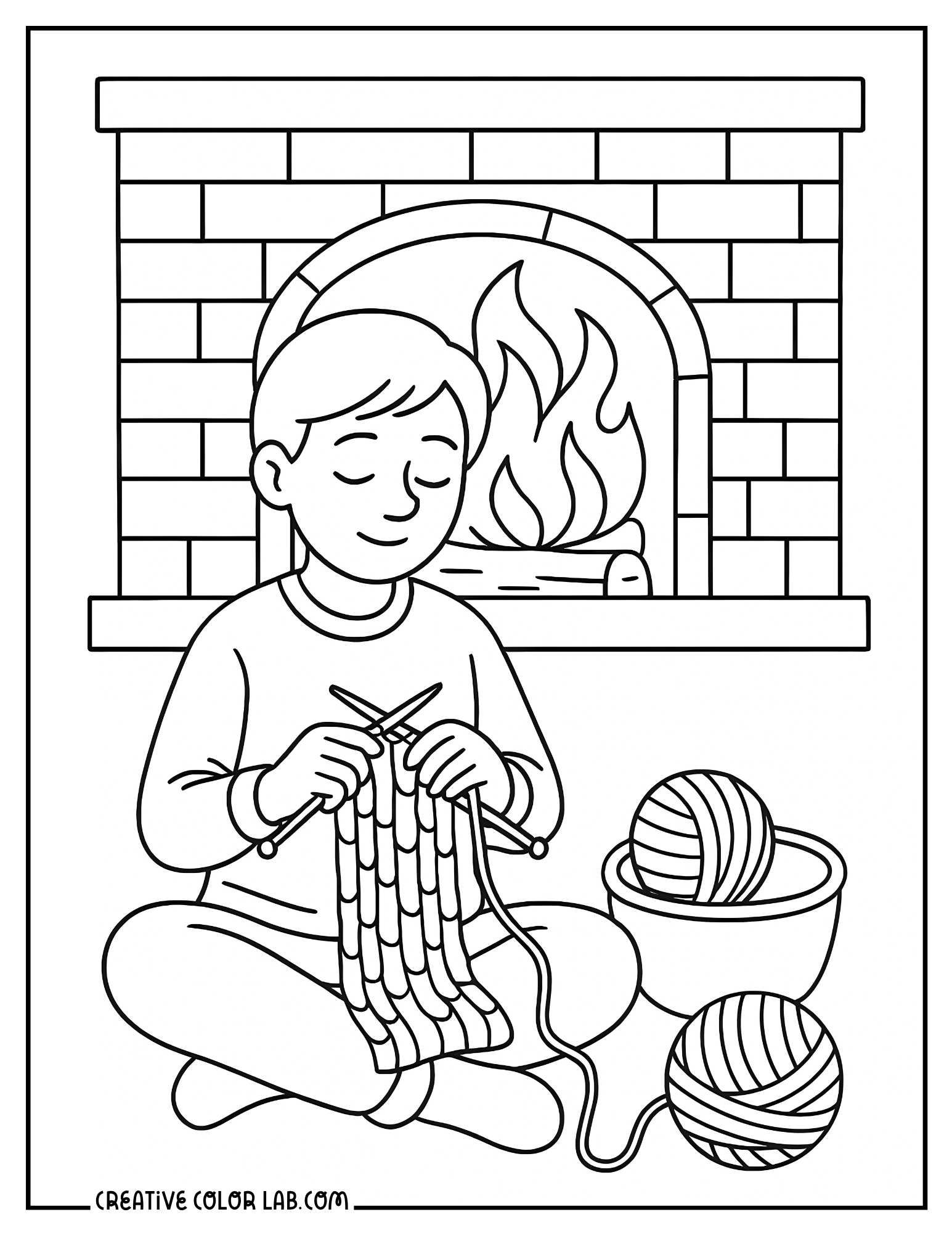 A boy knitting a scarf by the fireplace coloring page.