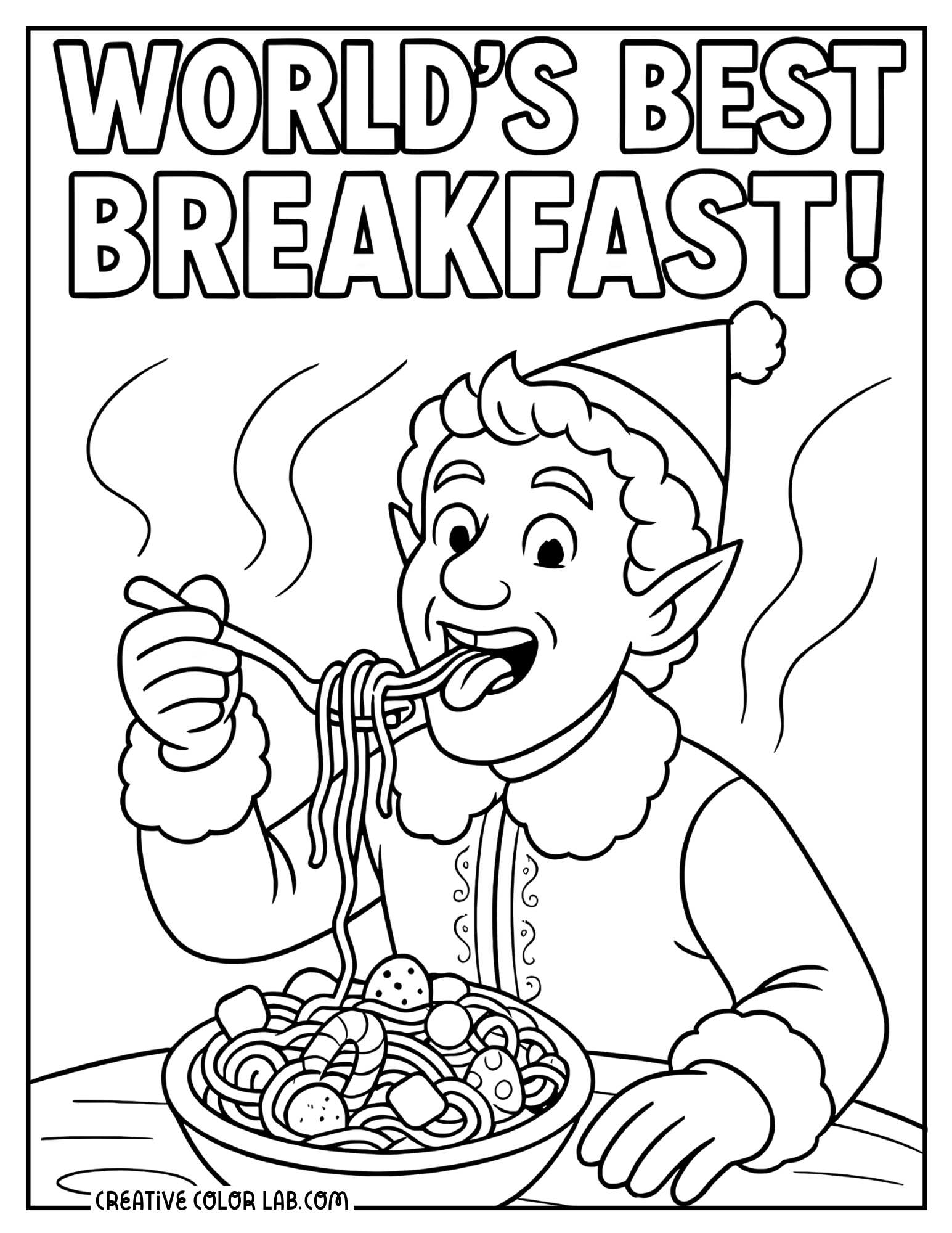 Buddy eating candy pasta for breakfast image to color.
