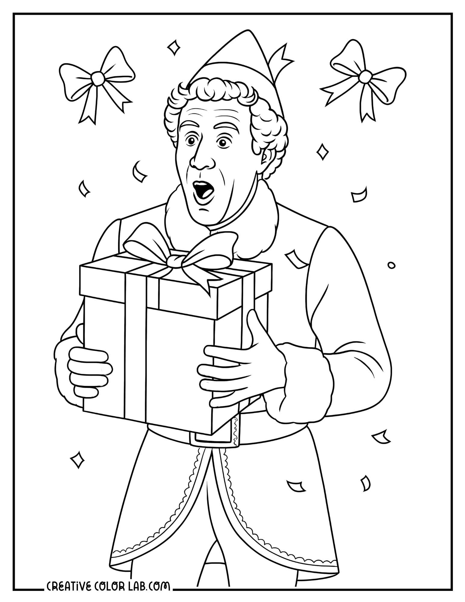 Buddy holding a giant present line art to color in.