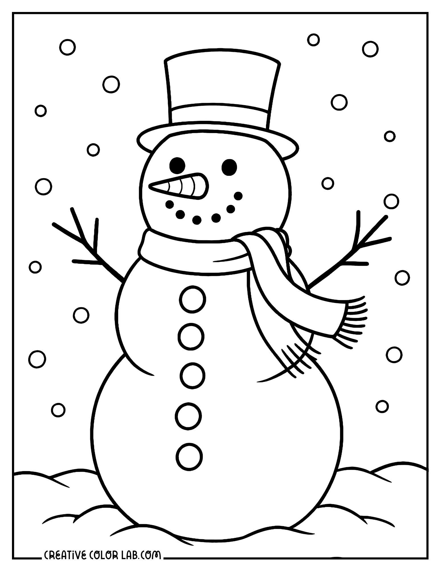 A classic top hat snowman in snowman coloring page.