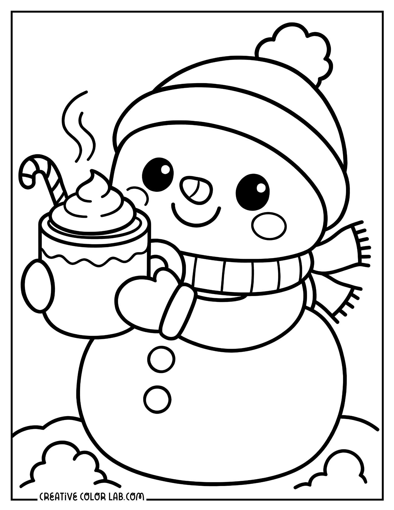 A kawaii snowman holding a hot cocoa image to color for kids.