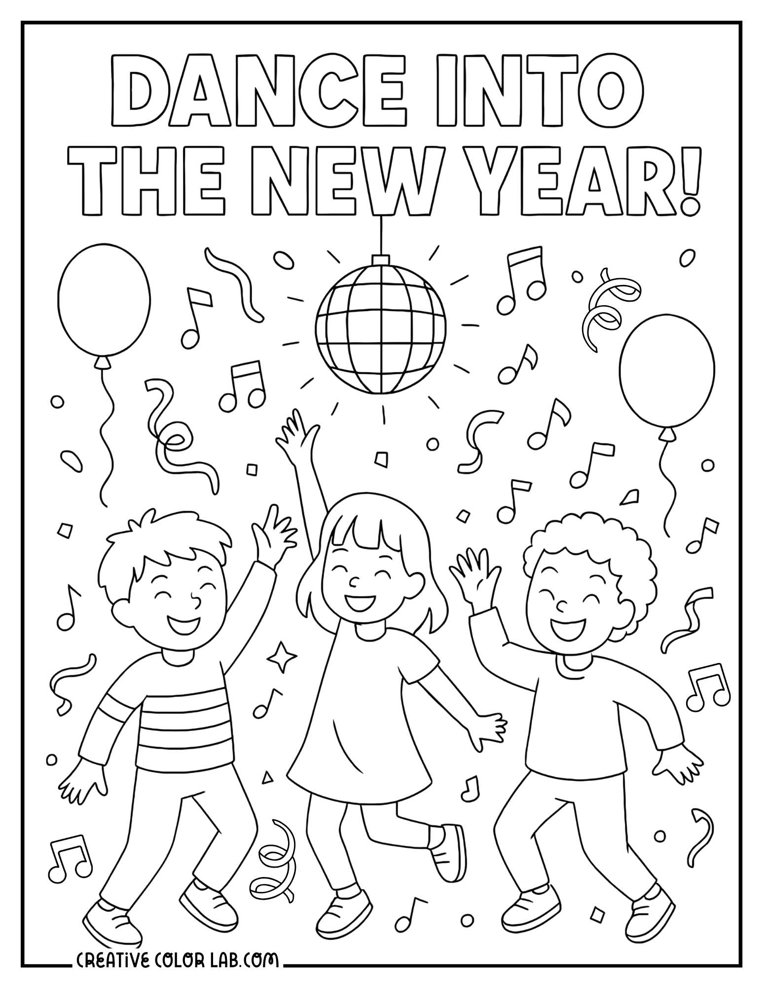 Dance into the new year kids party picture to color.