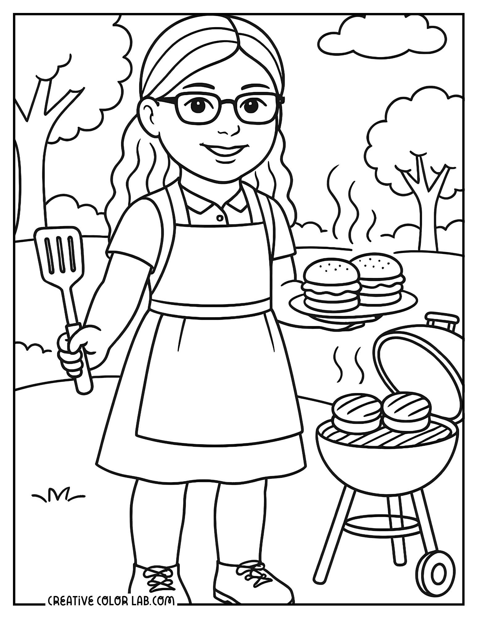 A doll having a BBQ and burger cookout image to color.