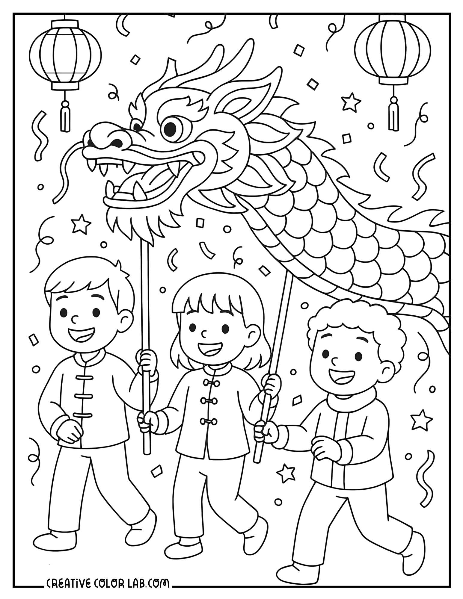 Dragon dance Chinese New Year line art to color in.
