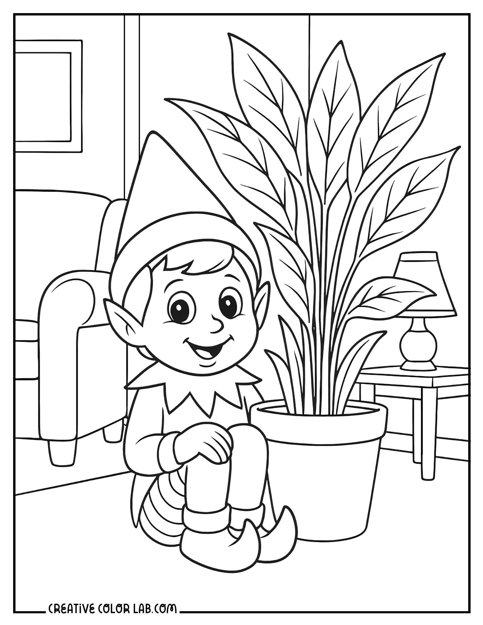 An elf hiding by the indoor plant coloring page.