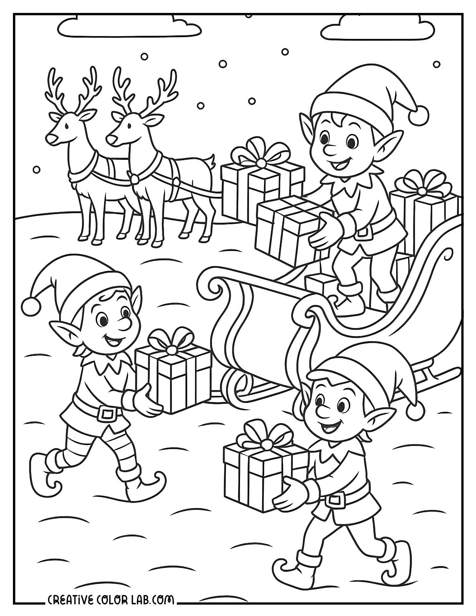 Elves loading gifts into Santa's sleigh coloring page.