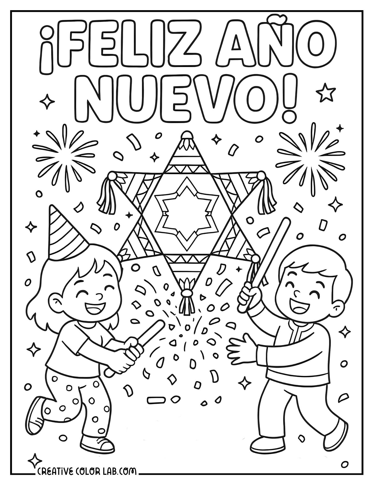 Feliz Ano Nuevo pinata party coloring sheet for kids.