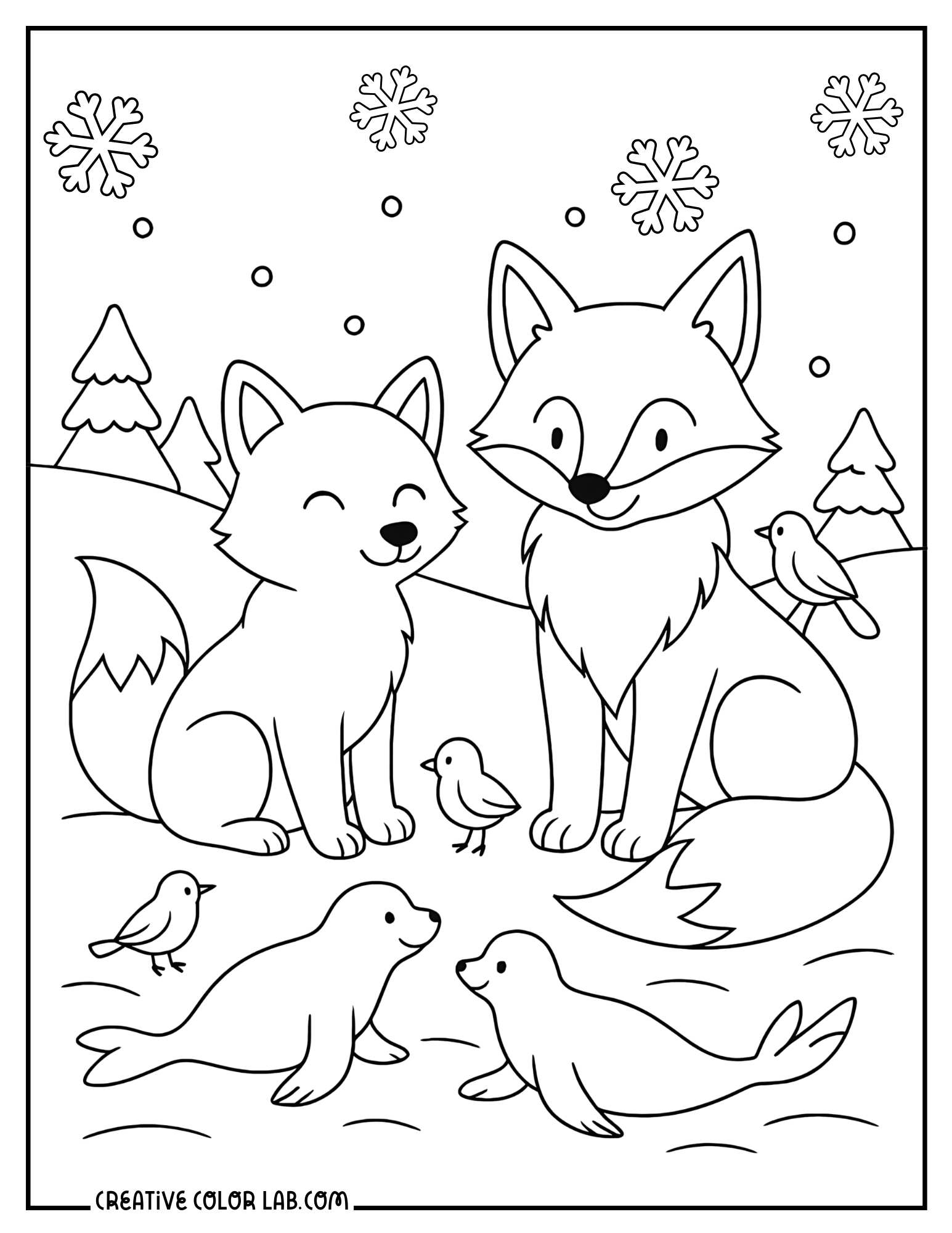 Foxes, seals and birds meetup in snowy forest image to color.