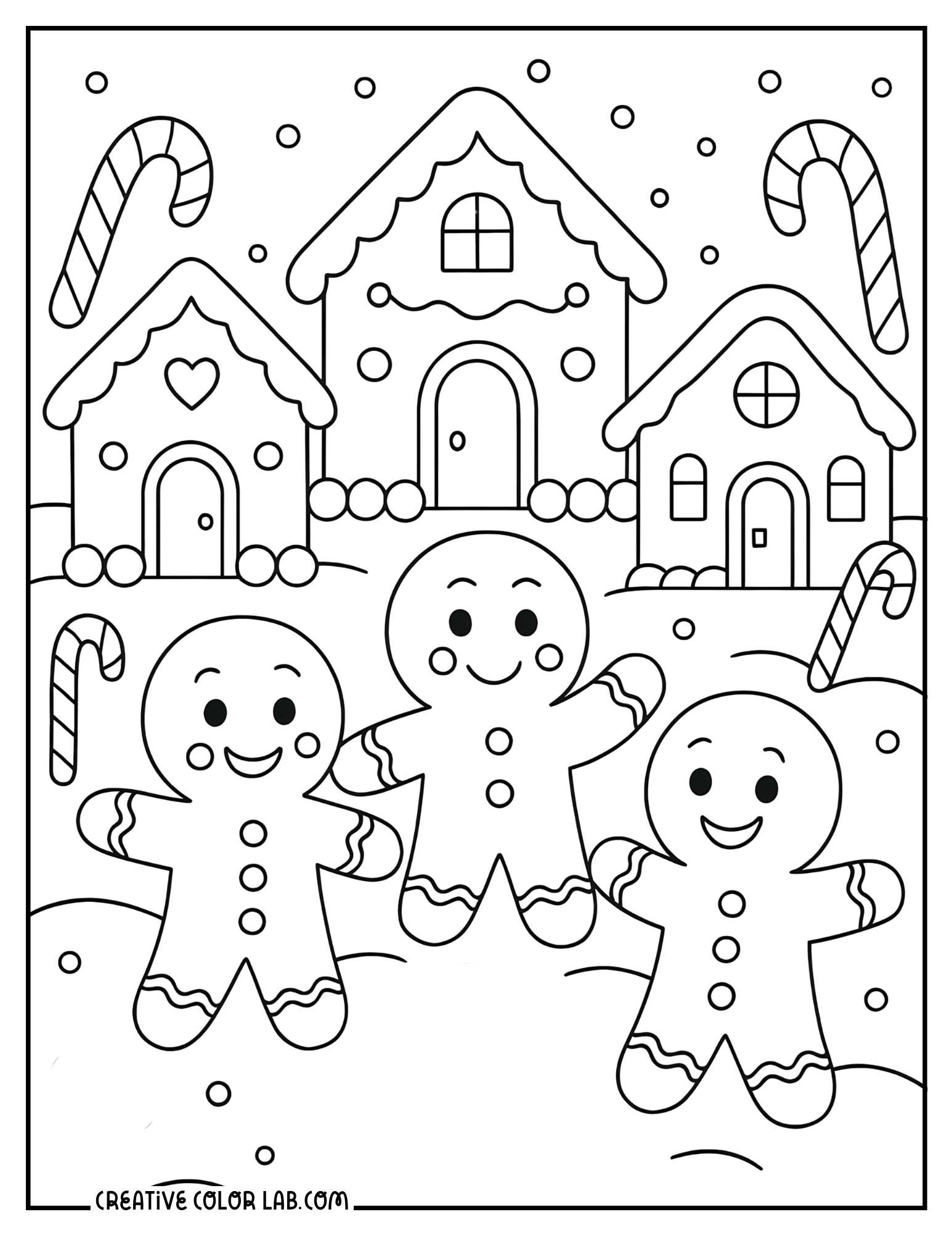 Gingerbread family with gingerbread houses picture to color.