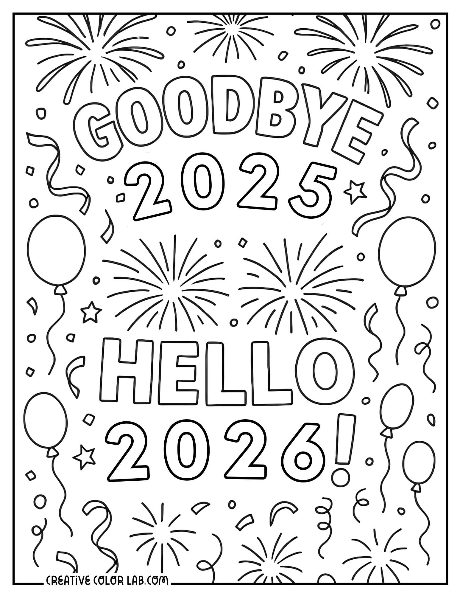 "Goodbye 2025, Hello 2026" coloring sheet.