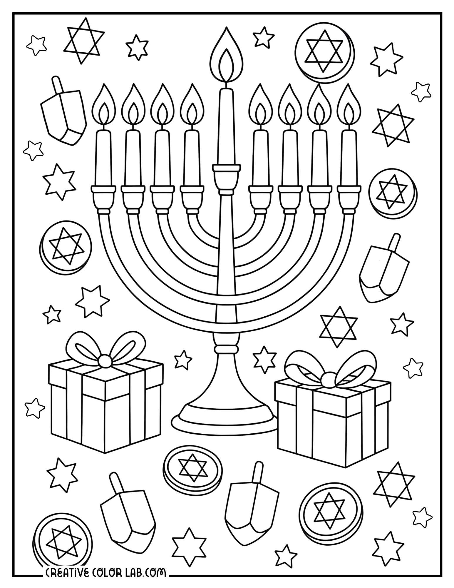 Hanukkah coloring sheet with menorah, gelt, gifts, and dreidels.
