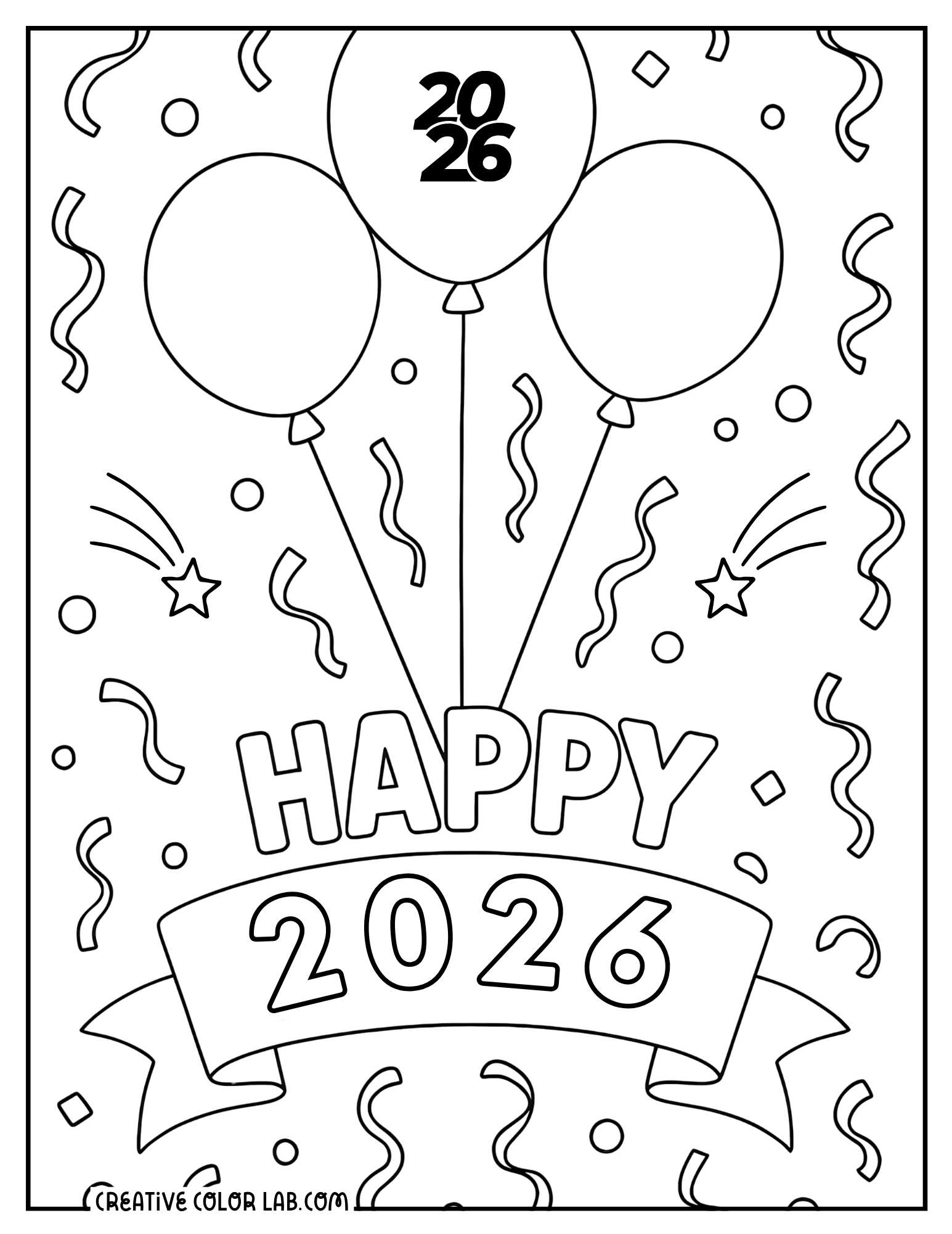 Happy 2026 balloons and confetti coloring page.