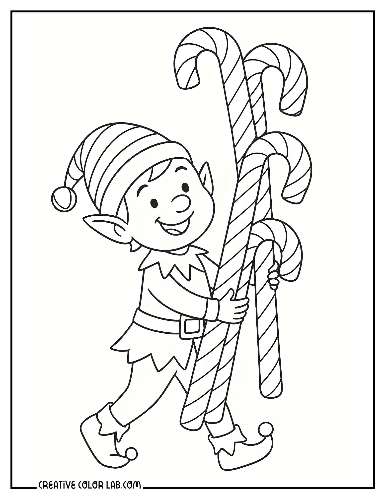 An elf carrying big candy canes image to color.