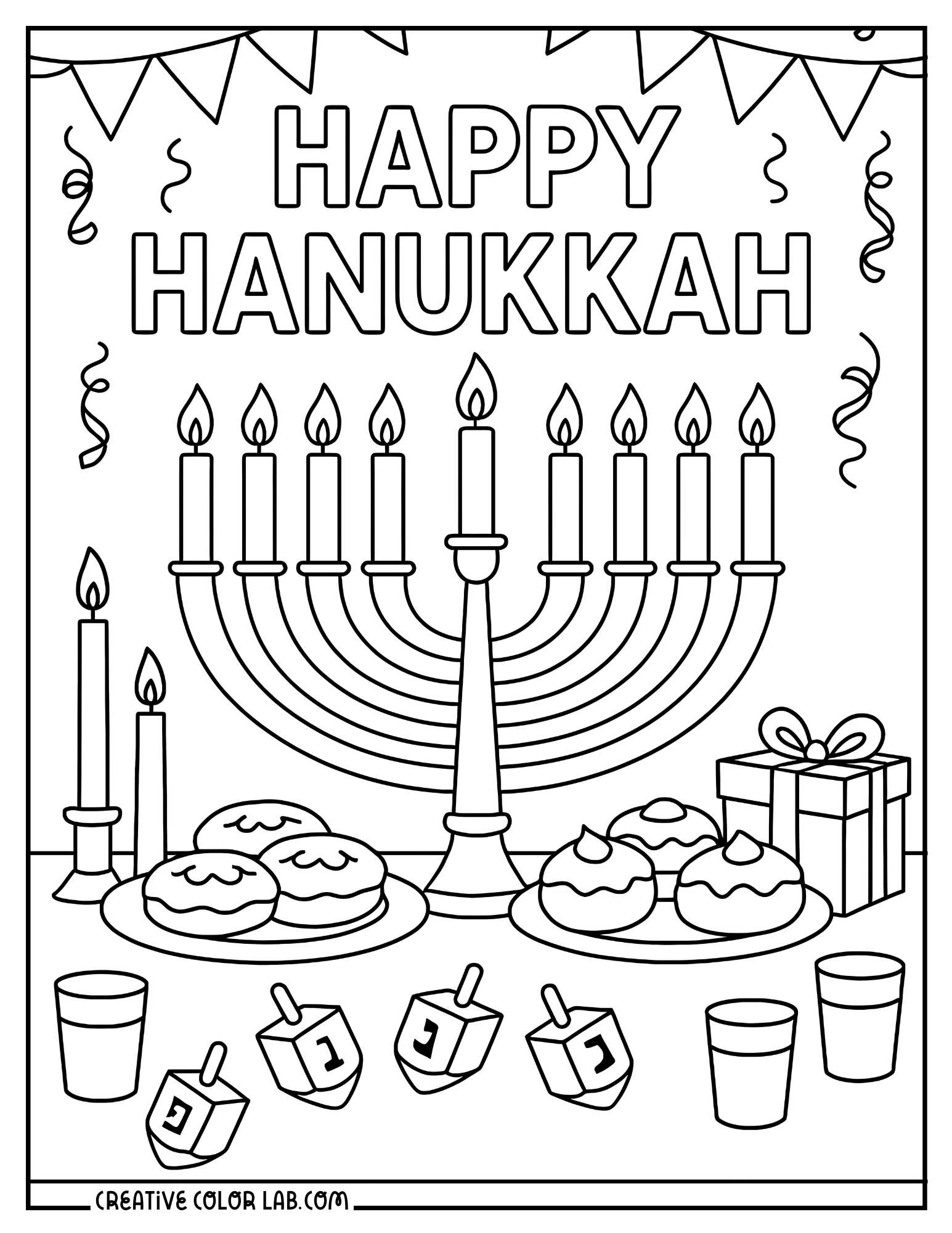 "Happy Hanukkah" party table coloring sheet.