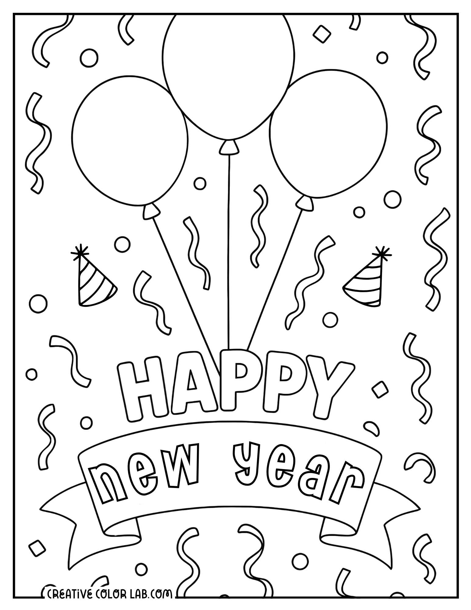 Happy new year balloons and confetti image to color.