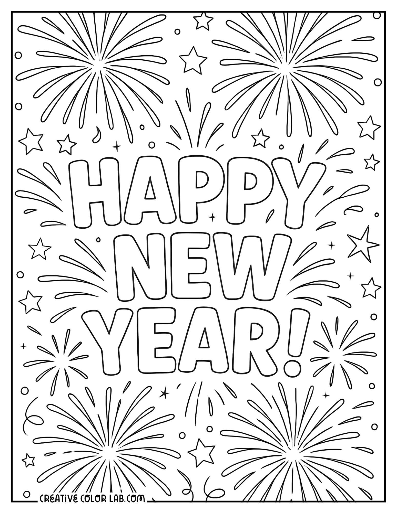 Happy new year fireworks celebration coloring page.