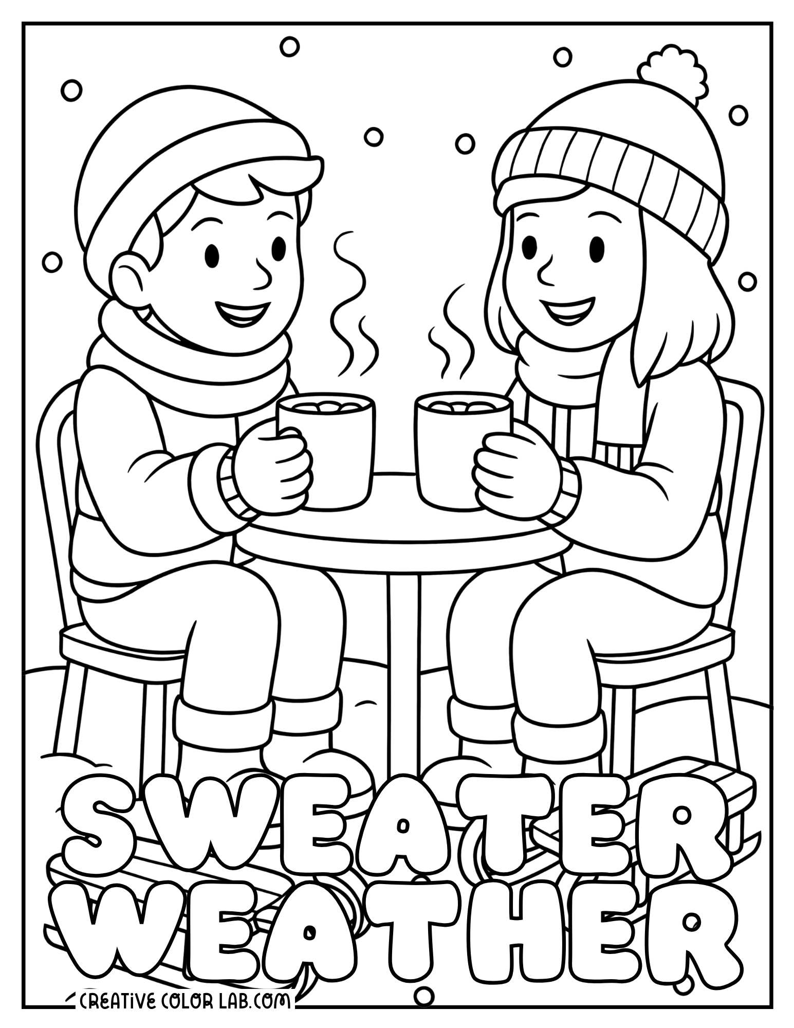 Two teenagers having a hot cocoa winter date after skiing coloring sheet.