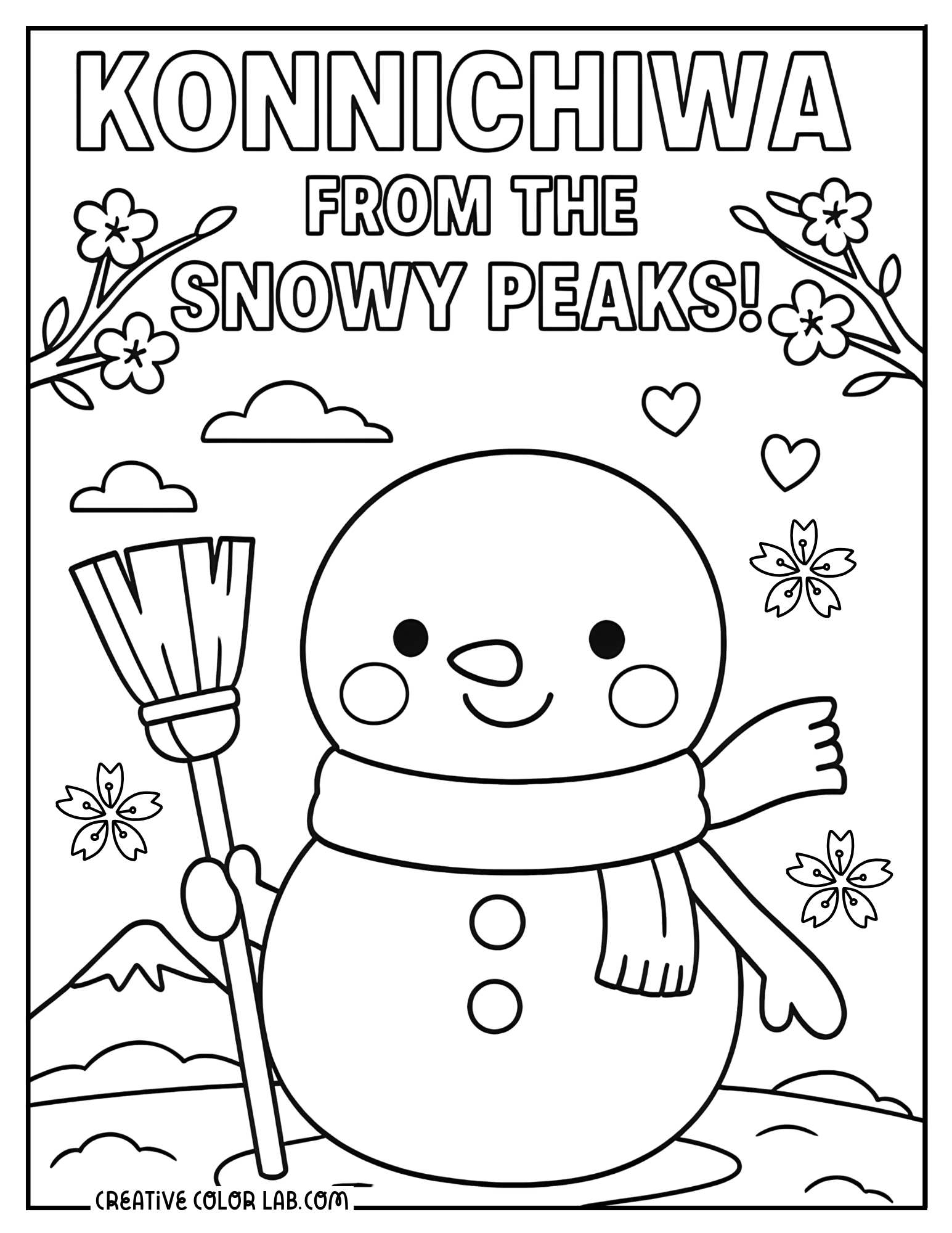 A Japanese Yukidaruma snowman with Mt. Fuji, sakura and cherry blossoms picture to color.