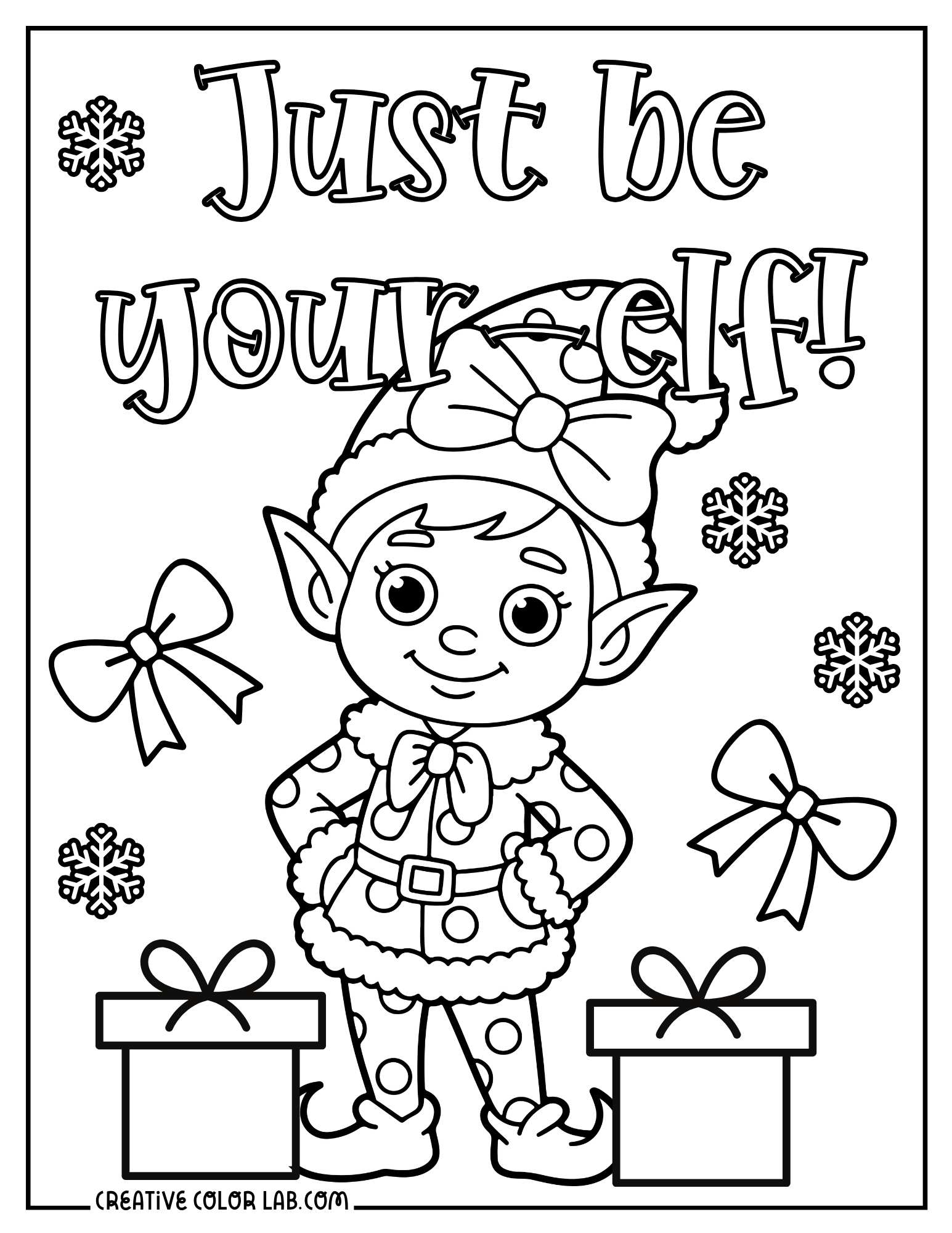 "Just be your-elf" pun holiday coloring page.