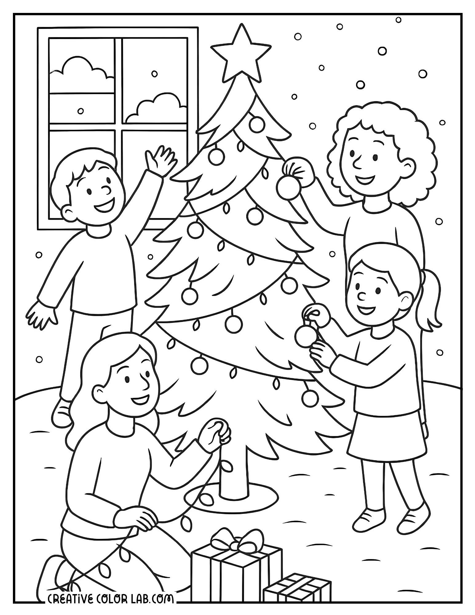 A family decorating a Christmas tree together line art to color in.