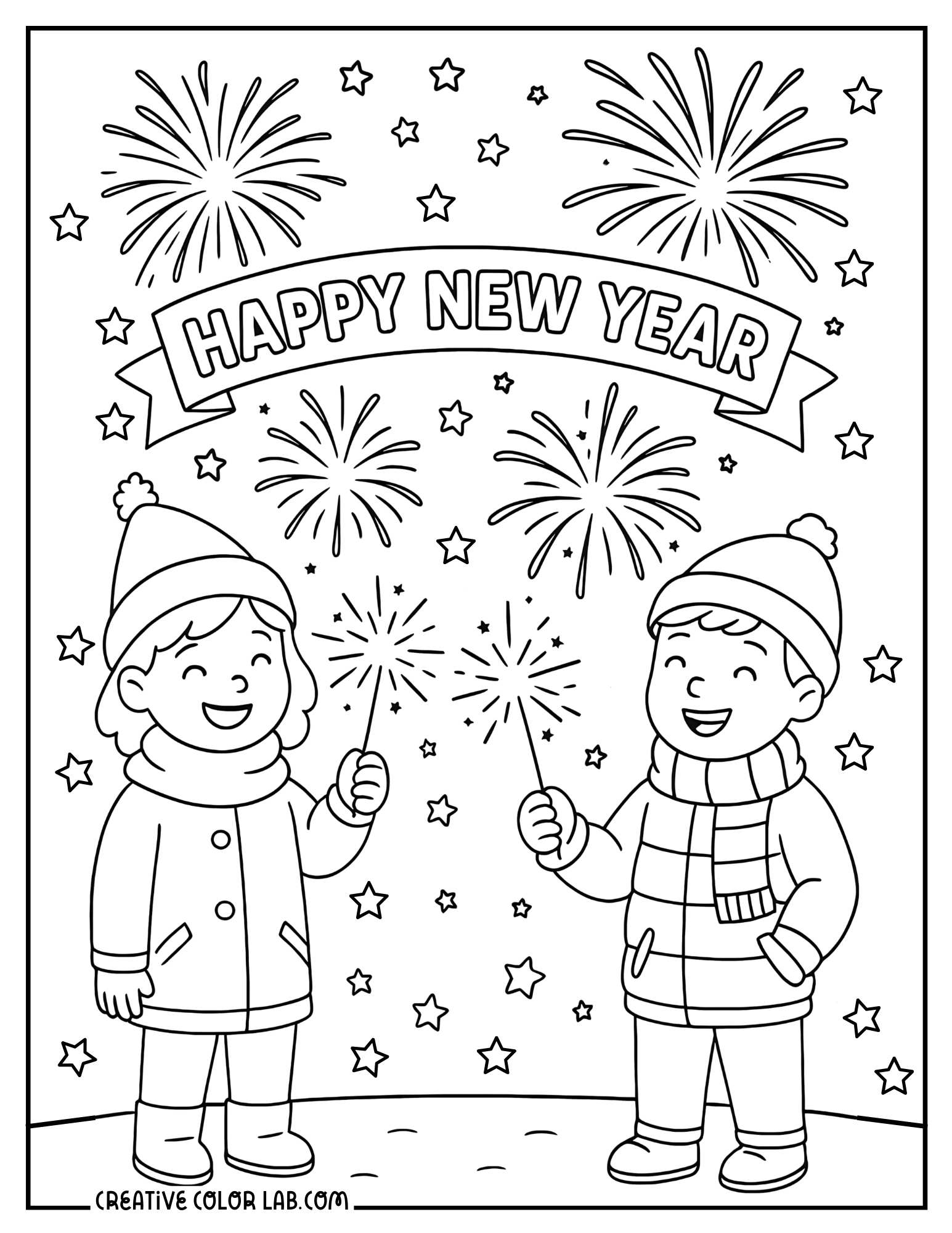 Two kids with sparklers on new year line art to color in.