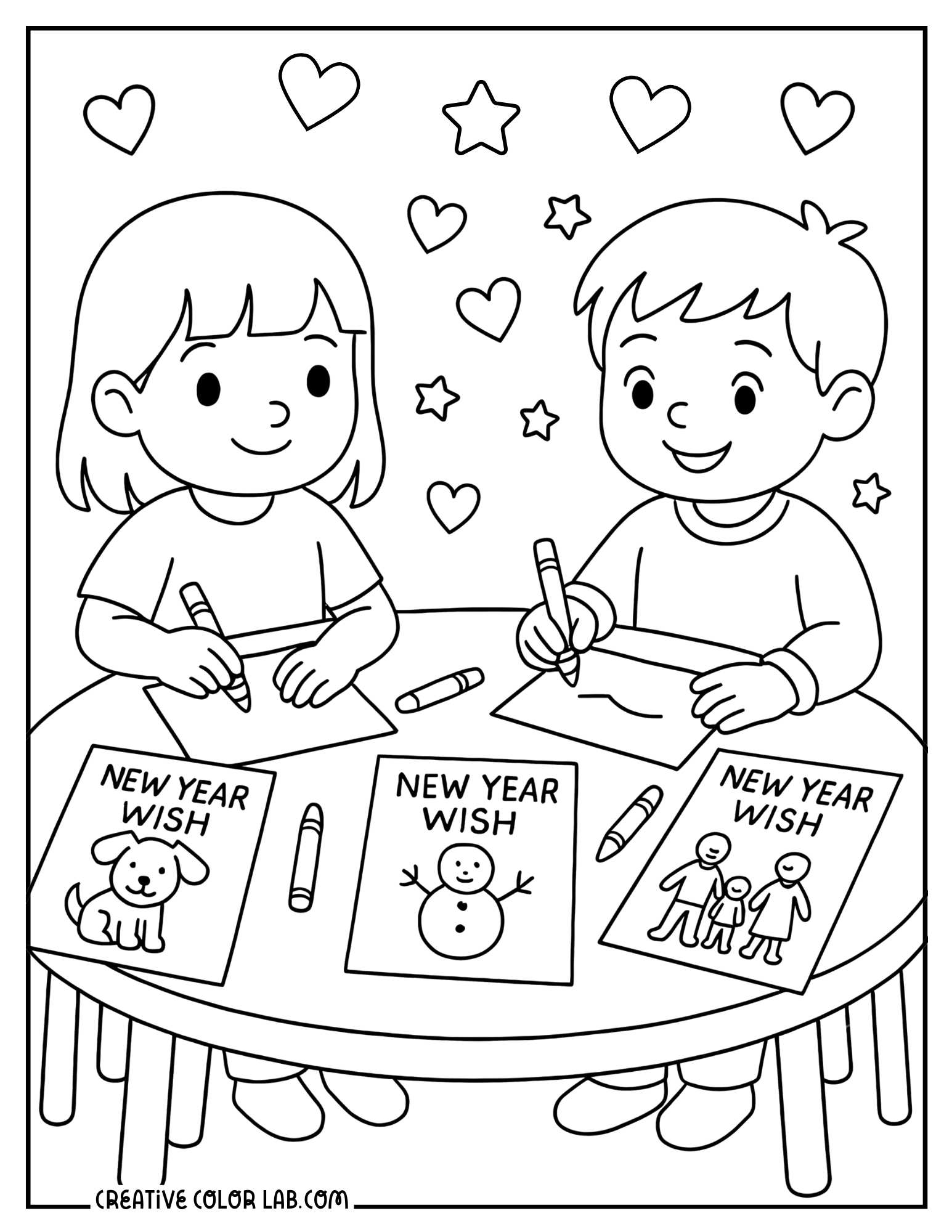 Kids writing their new year wishes coloring sheet.