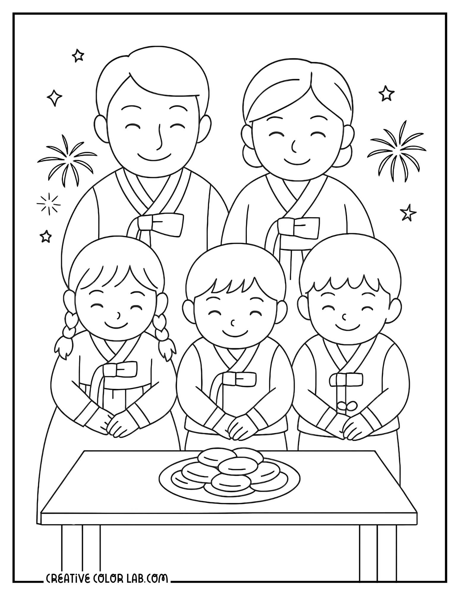 Korean family celebrating seollal coloring sheet.
