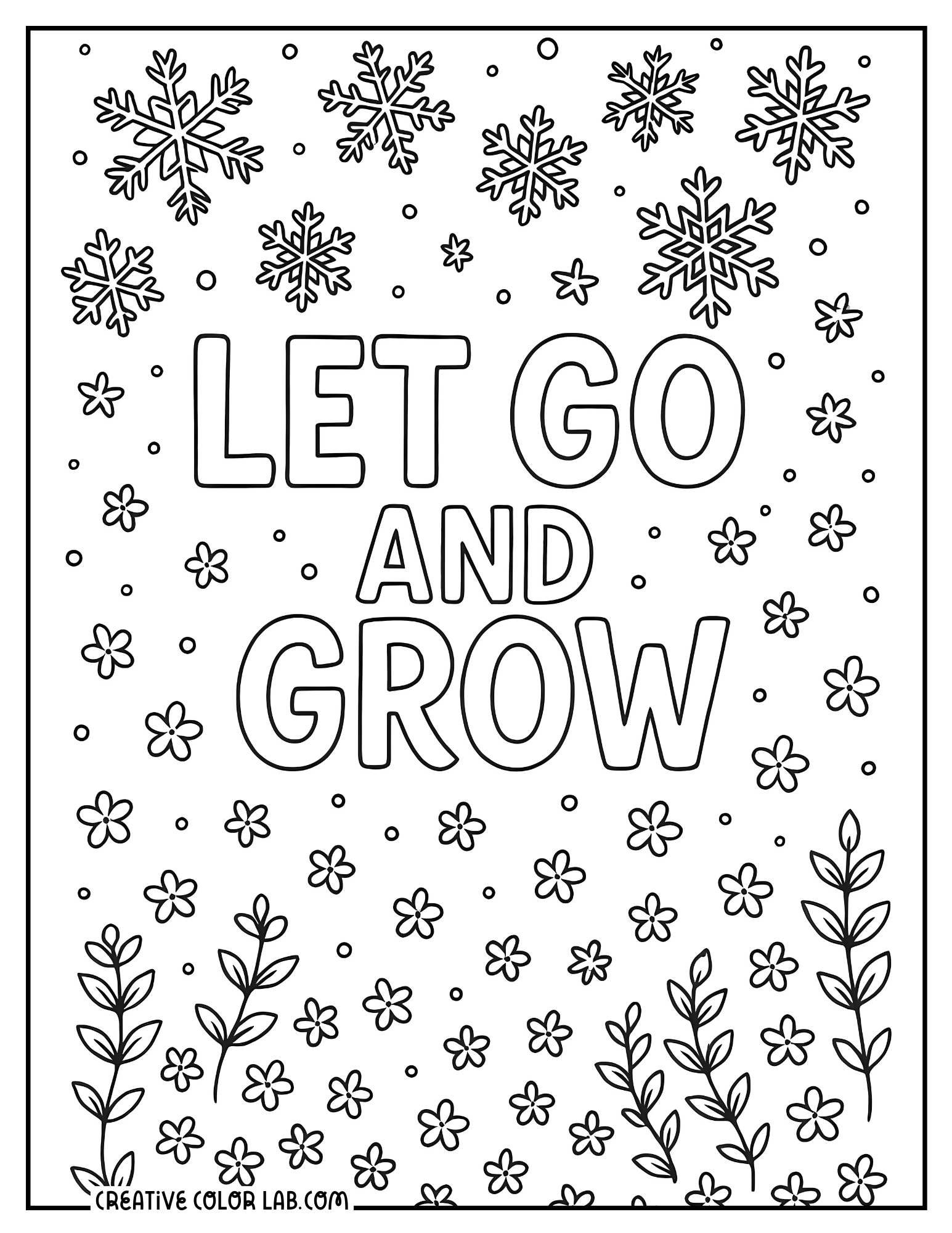 "Let go and grow" winter quote picture to color.