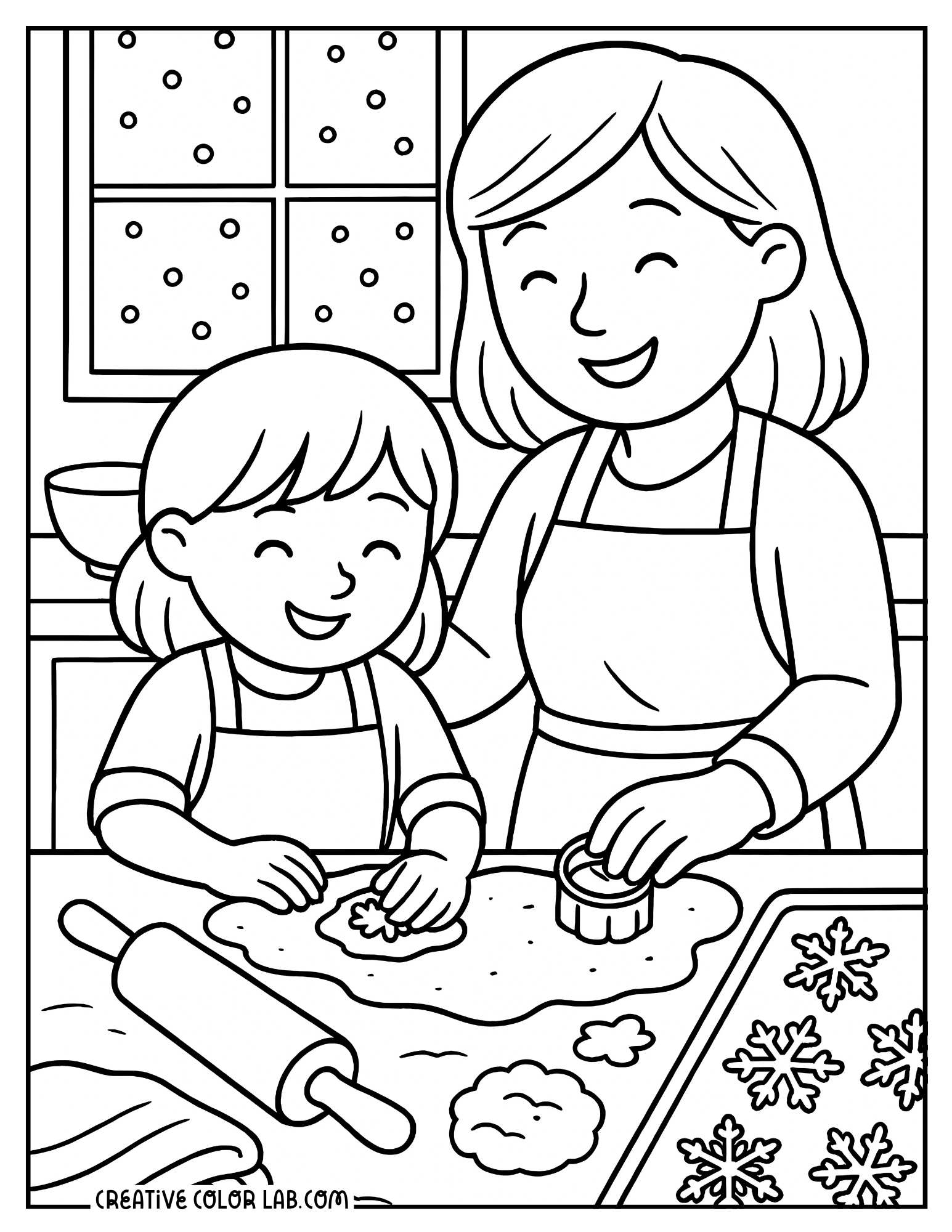 A mom and kid baking snowflake cookies coloring page.