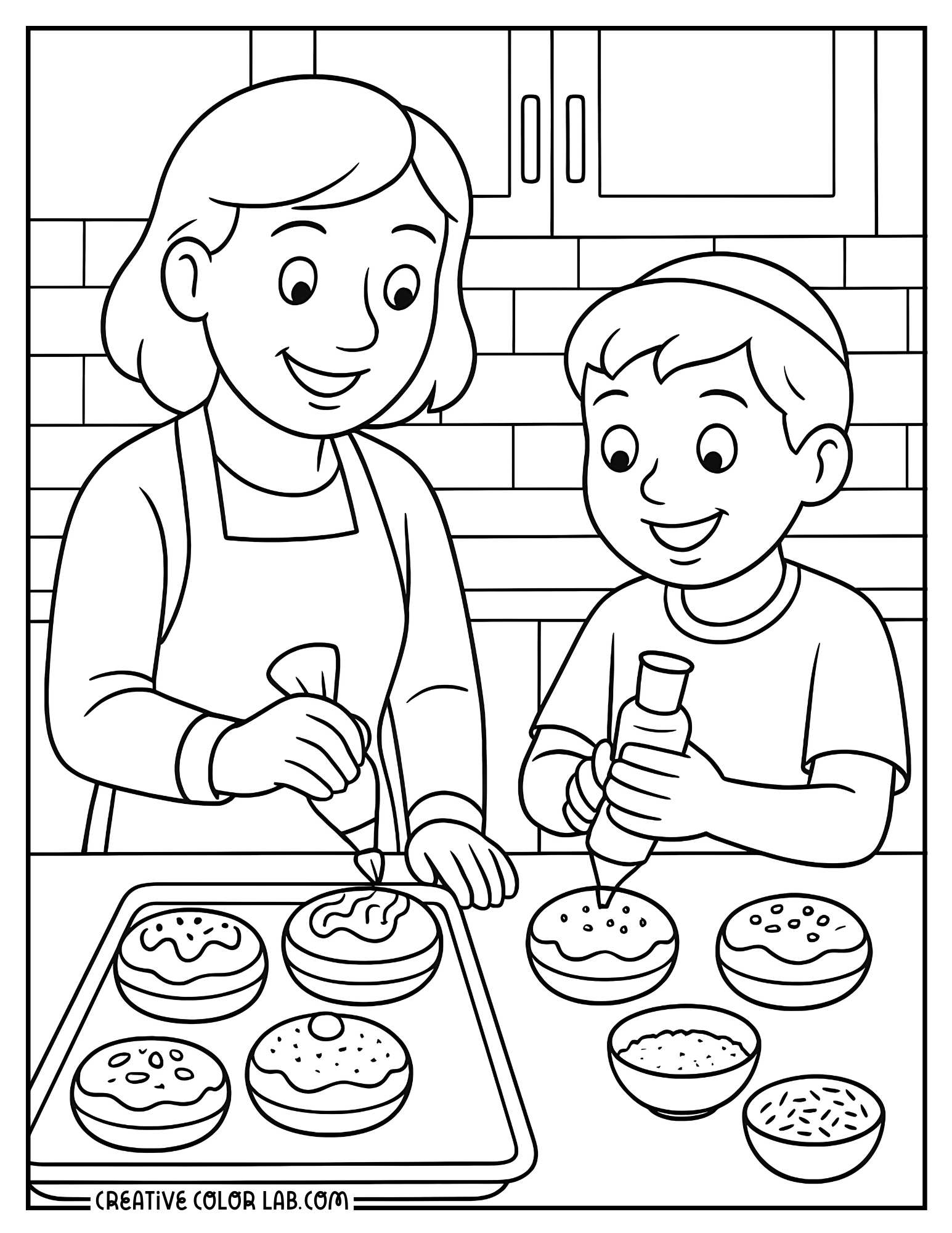 Mother and kid decorating sufganiyot coloring page.