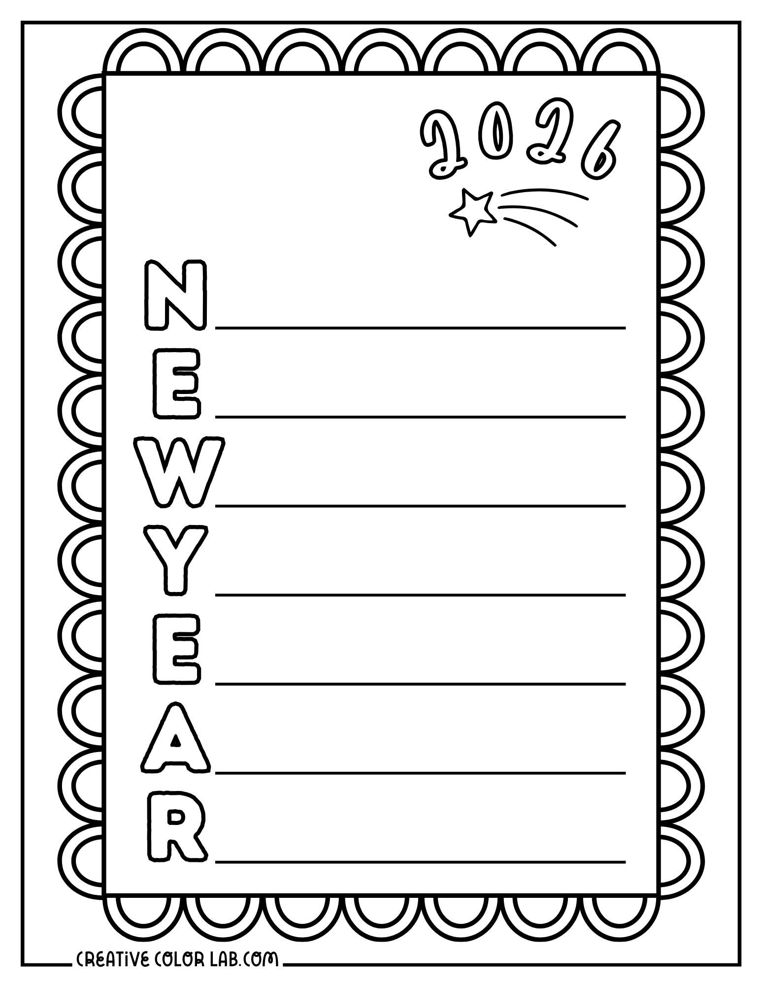 New year acrostic poem printable coloring page PDF.