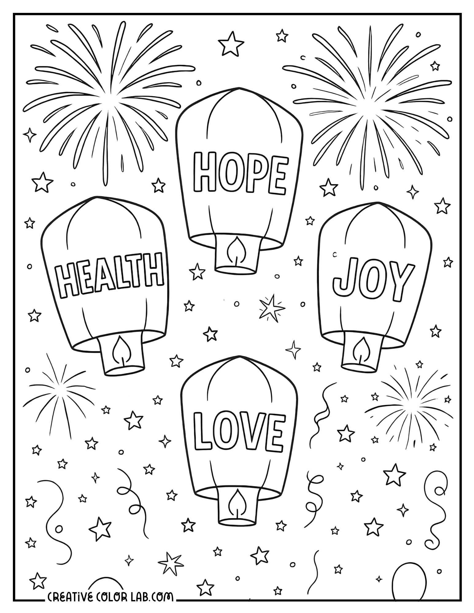 Four lanterns: hope, health, joy, and love line art to color in.