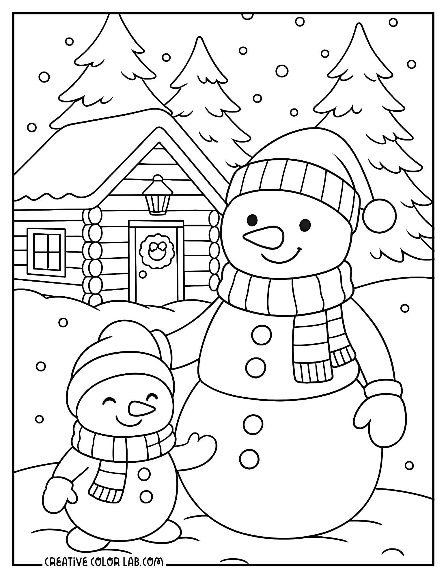 A parent and a baby snowman standing by a cozy cabin image to color.