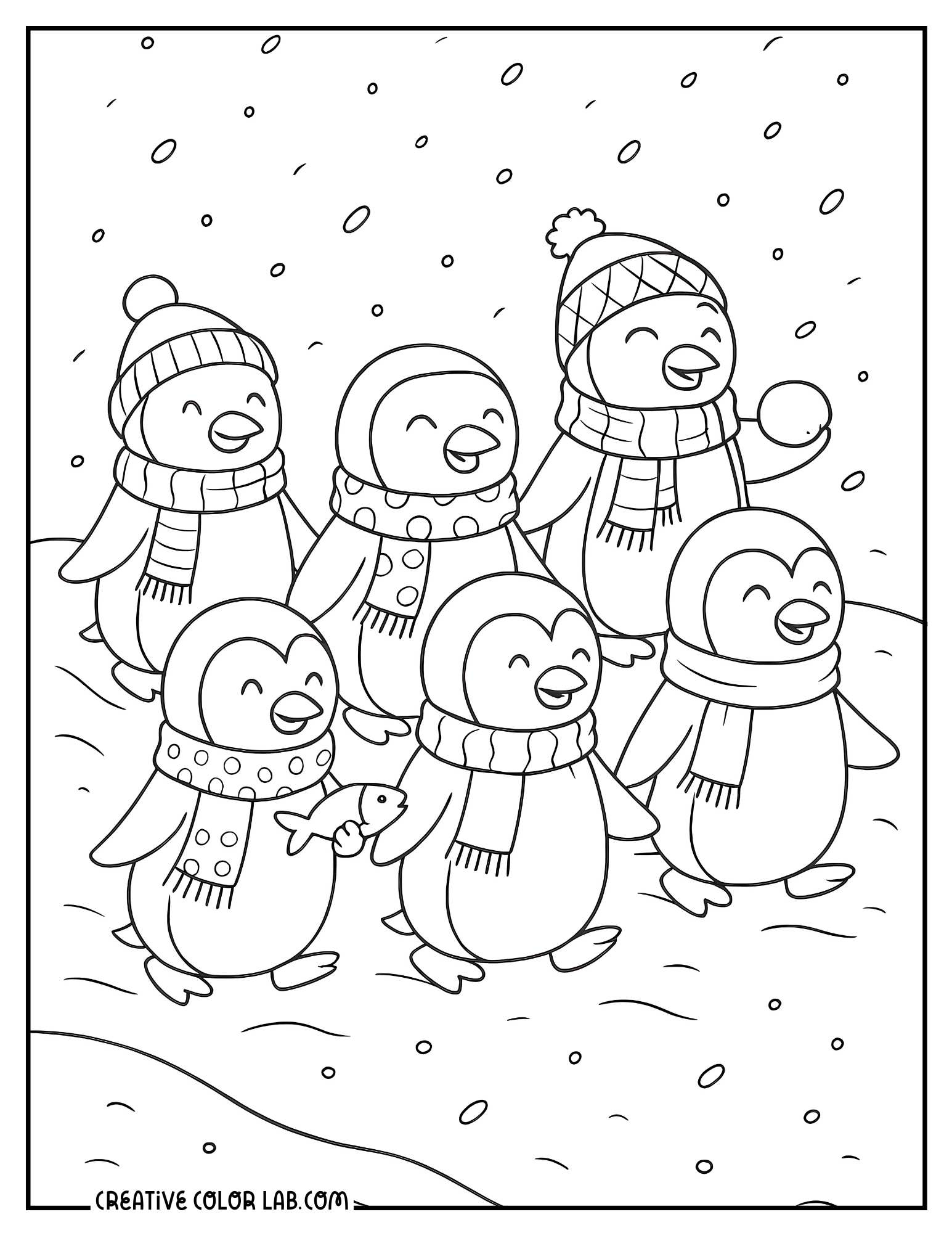 A penguin winter parade line art to color.