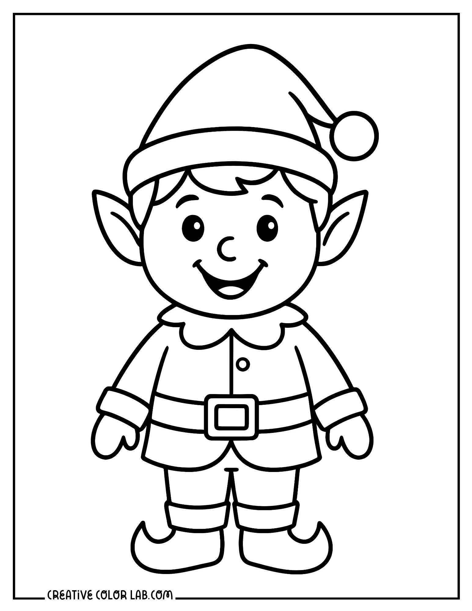 A simple holiday elf character coloring sheet for kids.