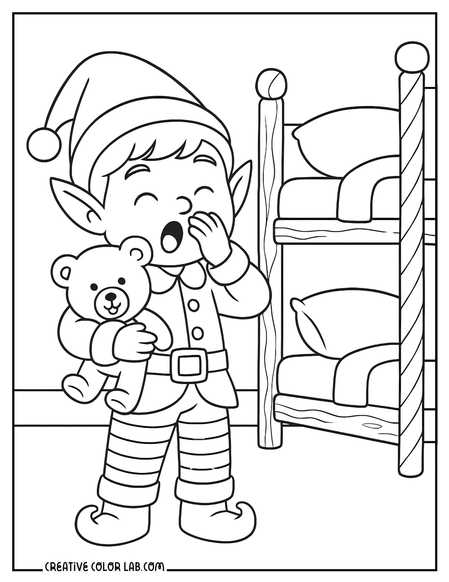 A sleepy elf holding a teddy bear by the bunk bed line art to color in.