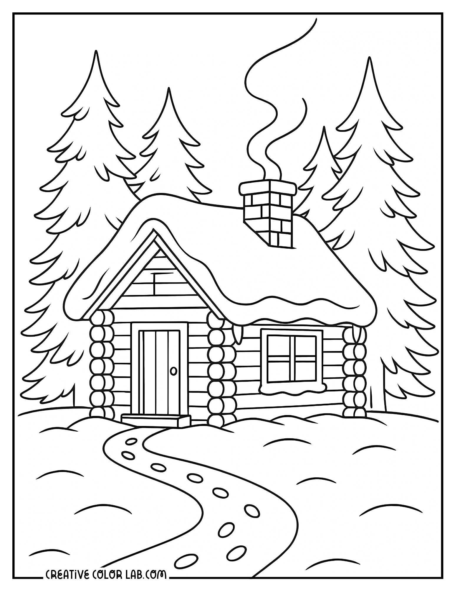 A snow covered cabin line art to color in.