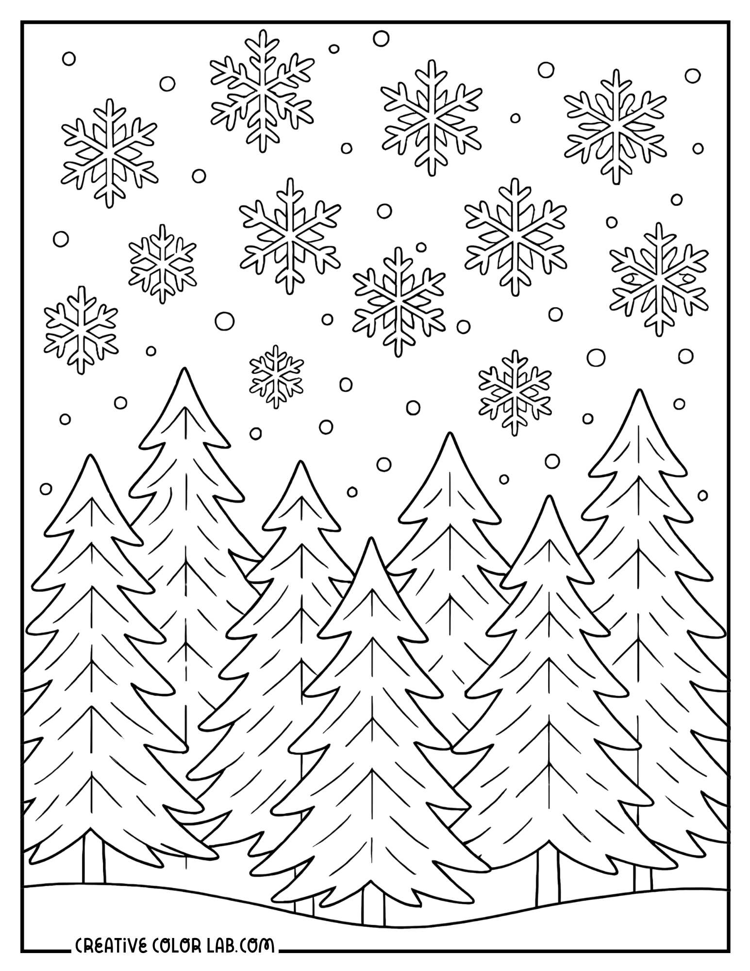 Snowflakes above pine Christmas tree farm coloring sheet.
