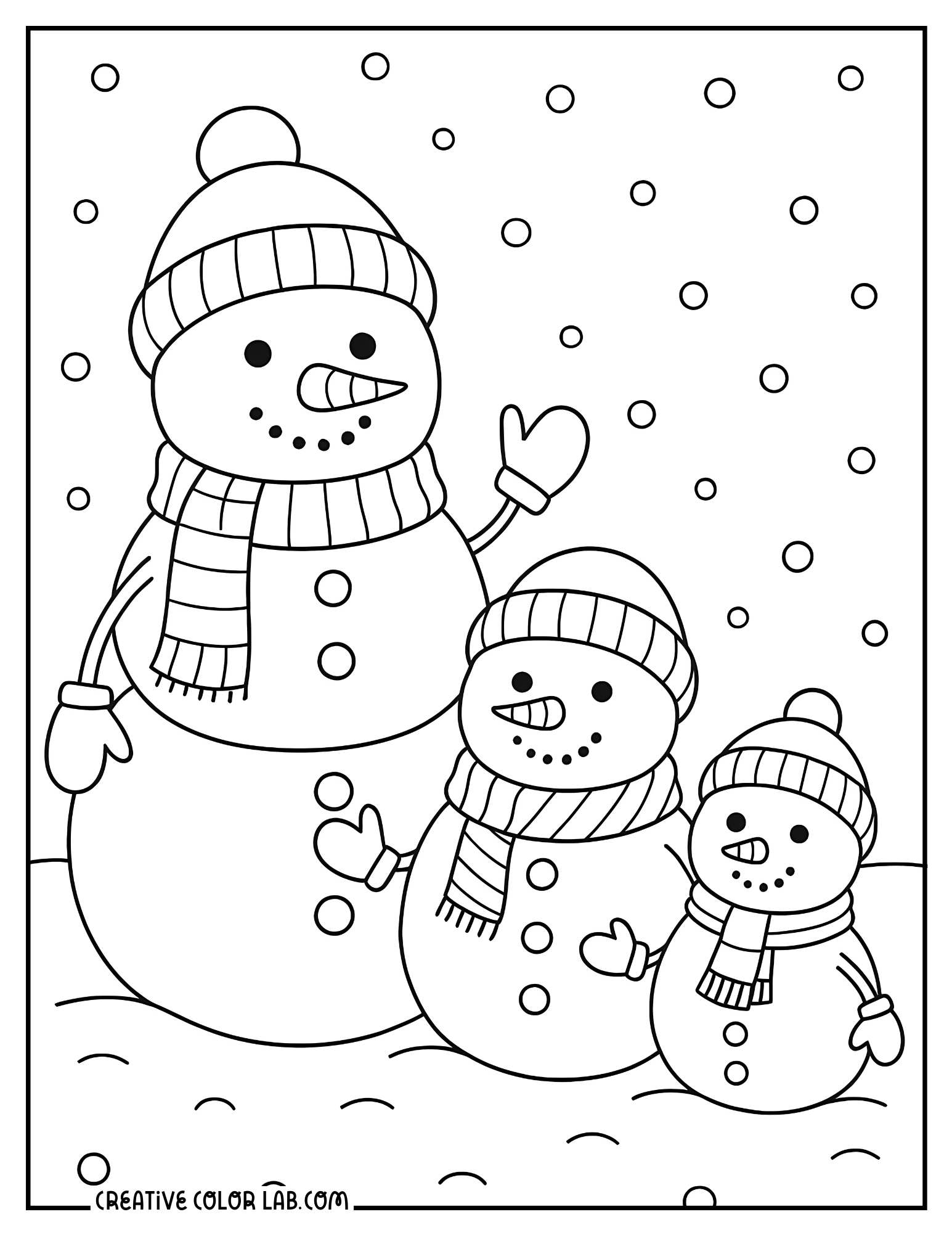 A snowman family of three waving picture to color.
