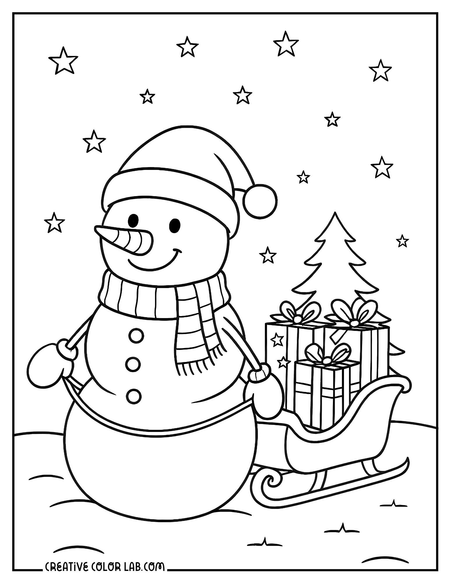 Snowman pulling a sleigh with gifts coloring sheet.