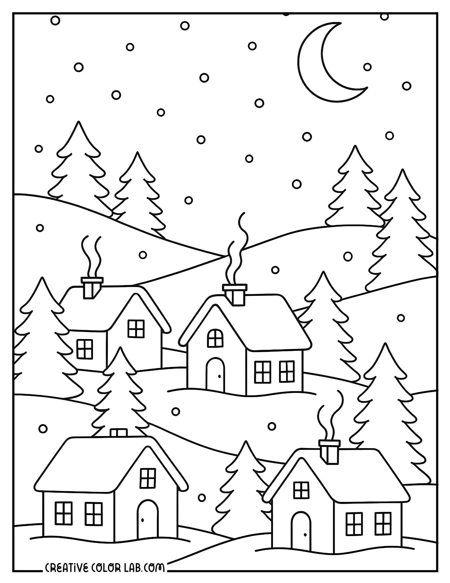 A snowy village under moonlight coloring sheet.