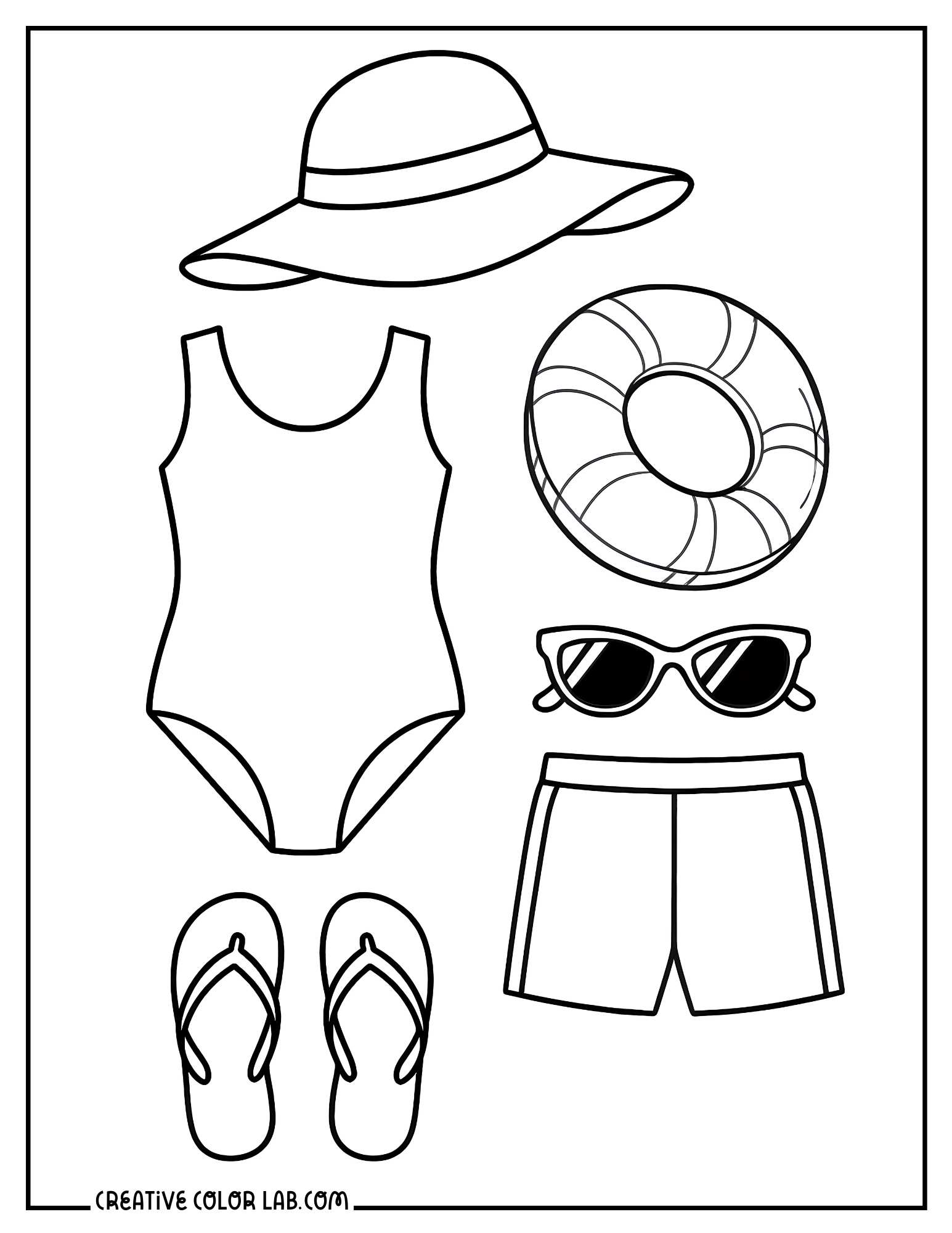 Swimwear and accessories for an American girl doll coloring sheet.