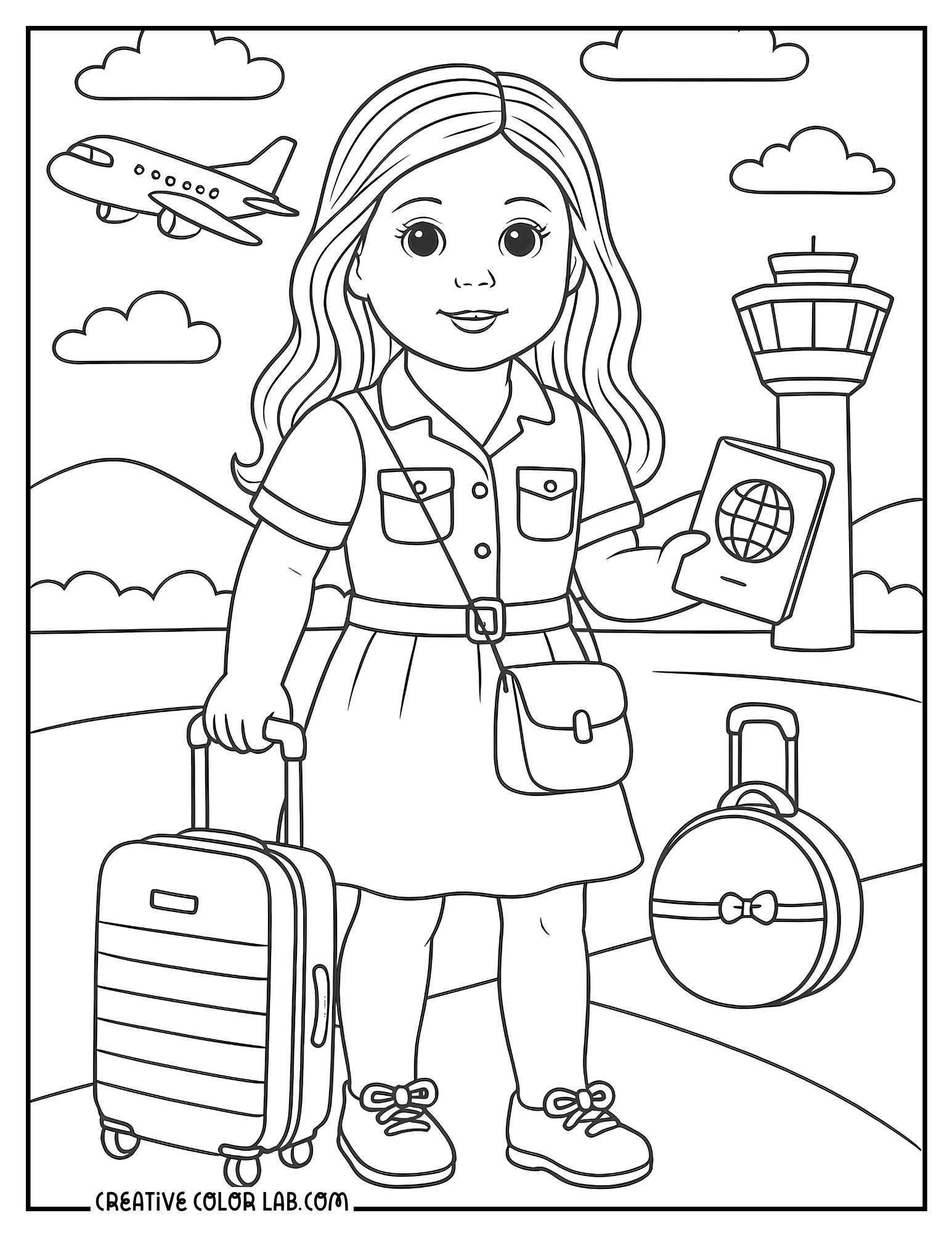 A traveling American girl at the airport coloring sheet.