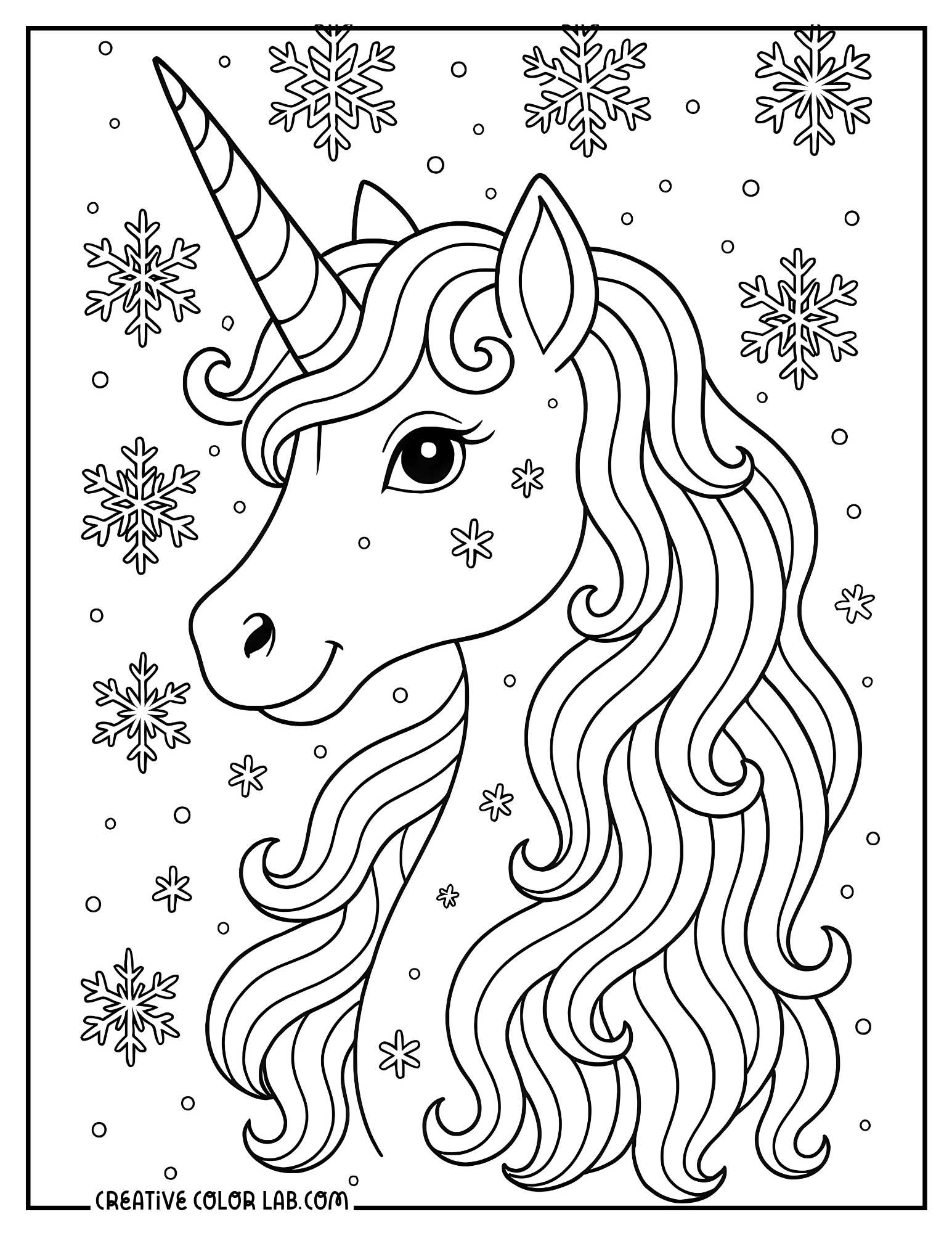 A detailed unicorn portrait line art to color for adults.
